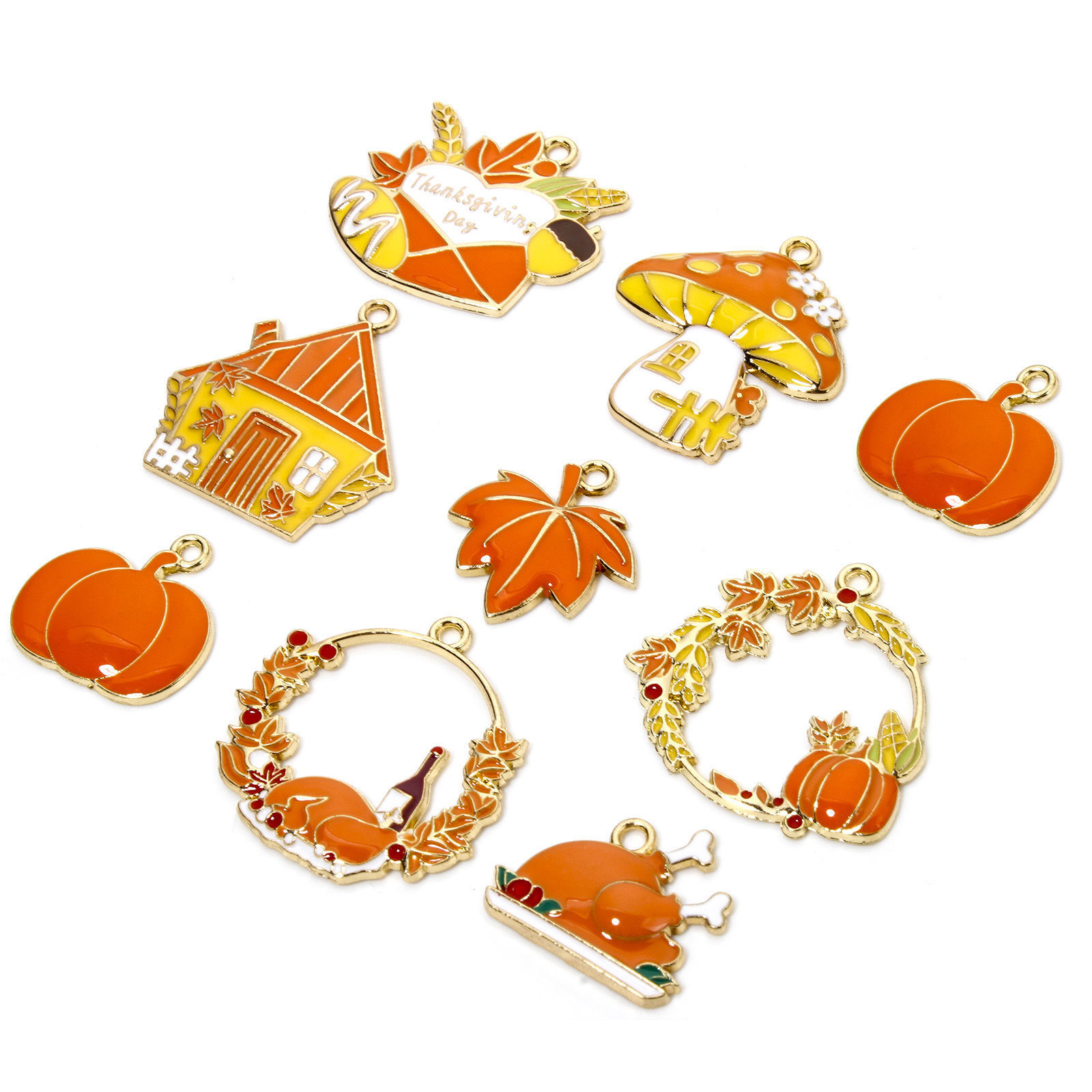Picture of Zinc Based Alloy Thanksgiving Day Autumn Fall Style Charms Gold Plated Orange Enamel