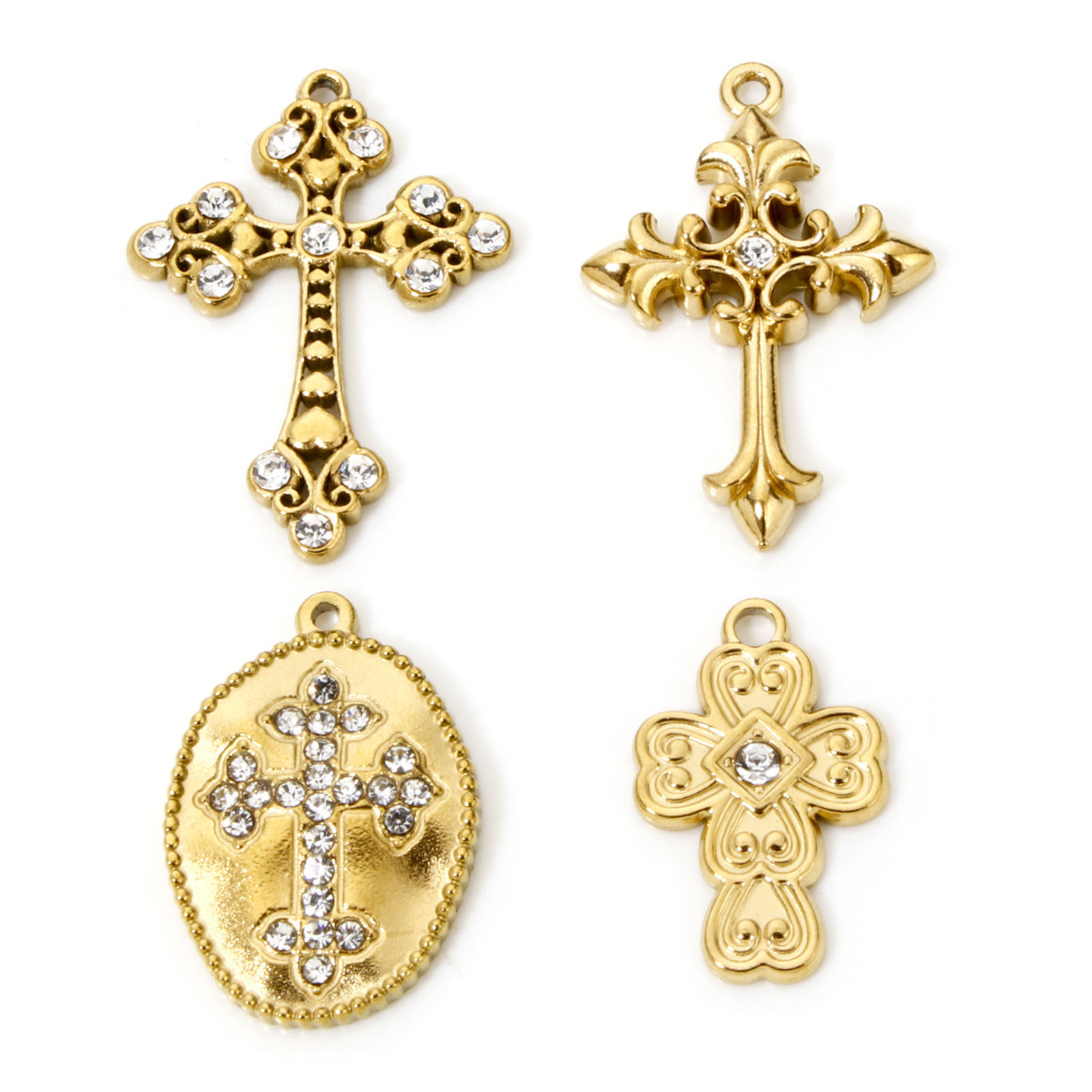 Picture of Eco-friendly Vacuum Plating 304 Stainless Steel Religious Charms Gold Plated Cross Clear Rhinestone
