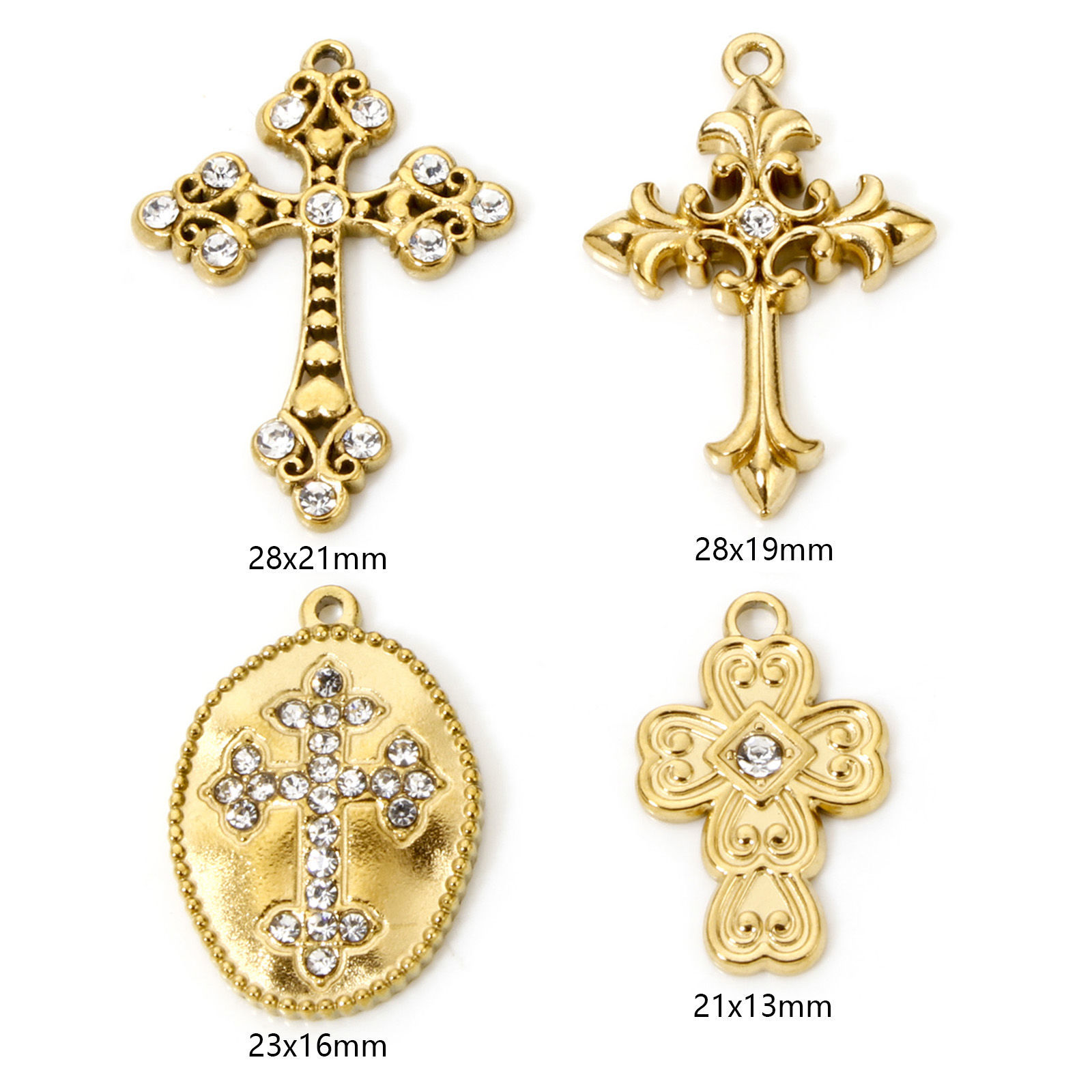 Picture of Eco-friendly Vacuum Plating 304 Stainless Steel Religious Charms Gold Plated Cross Clear Rhinestone