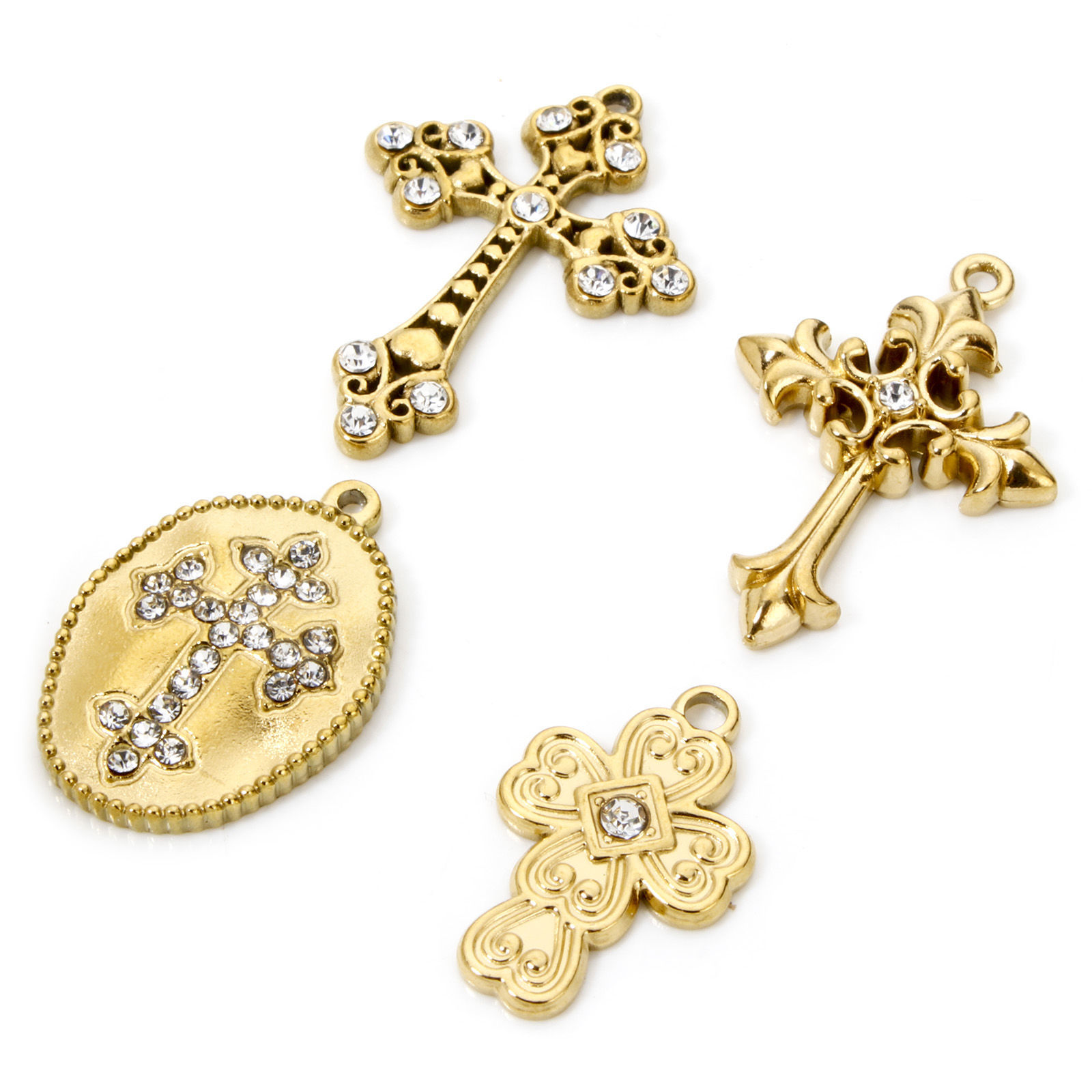 Picture of Eco-friendly Vacuum Plating 304 Stainless Steel Religious Charms Gold Plated Cross Clear Rhinestone