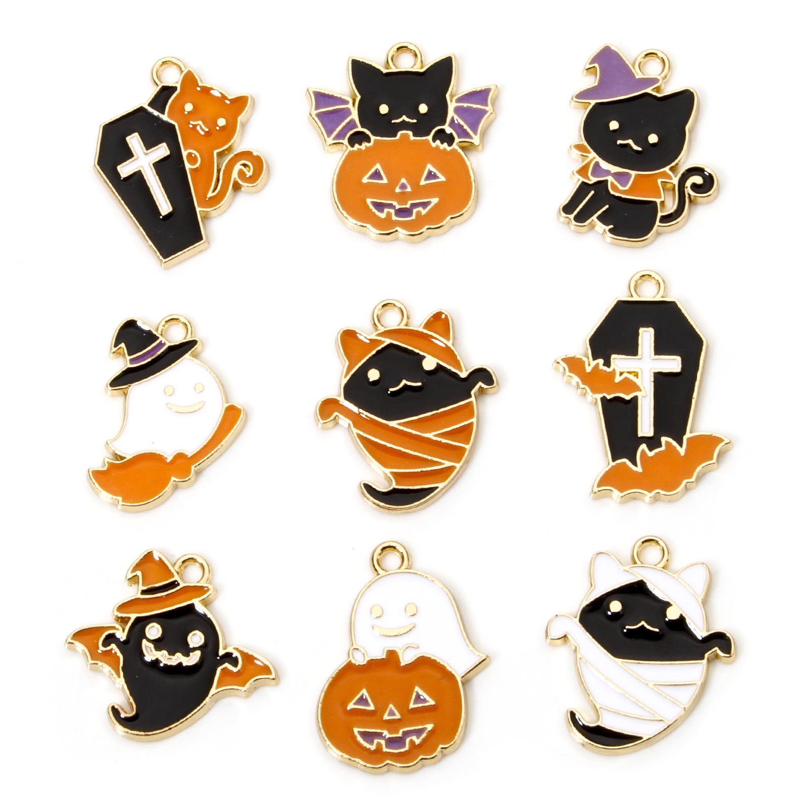 Picture of Zinc Based Alloy Halloween Charms Gold Plated Multicolor Halloween Ghost Cat Enamel