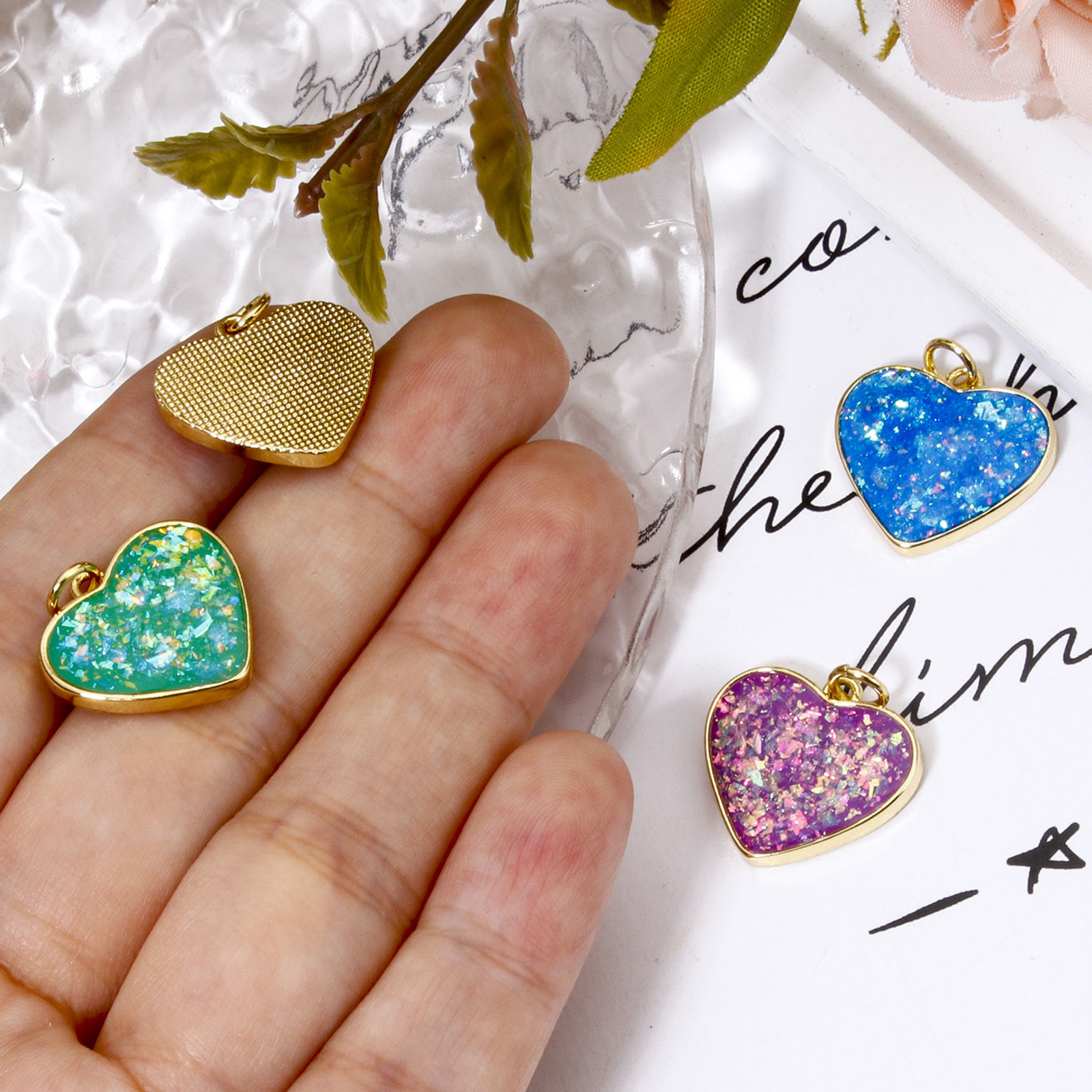 Picture of Brass Valentine's Day Charms 18K Gold Plated Heart Imitation Opal 20mm x 18mm