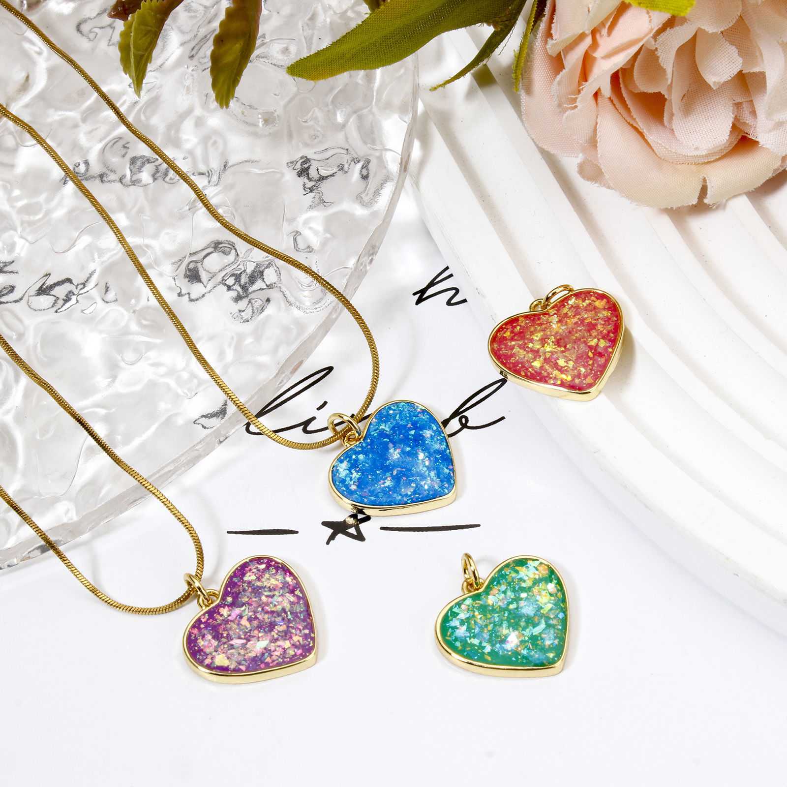 Picture of Brass Valentine's Day Charms 18K Gold Plated Heart Imitation Opal 20mm x 18mm