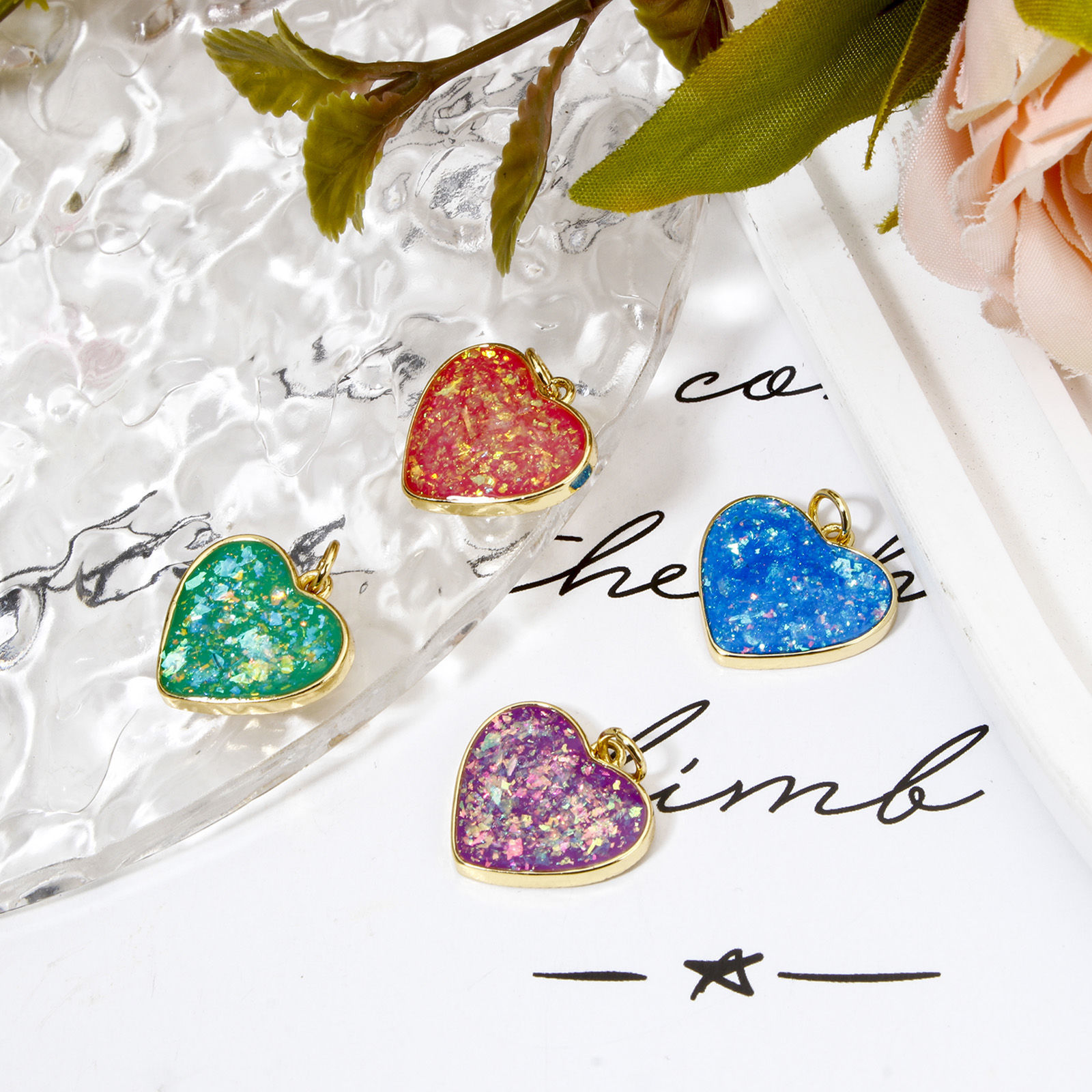 Picture of Brass Valentine's Day Charms 18K Gold Plated Heart Imitation Opal 20mm x 18mm