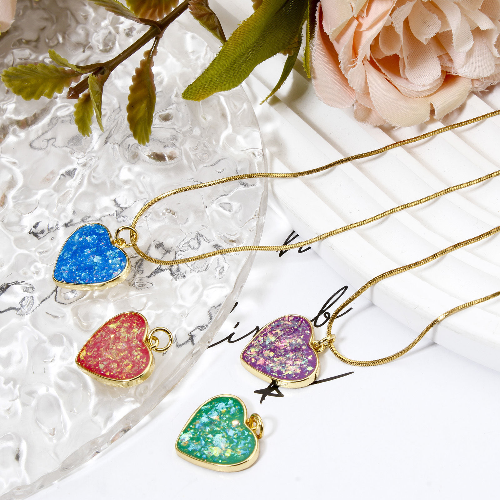 Picture of Brass Valentine's Day Charms 18K Gold Plated Heart Imitation Opal 20mm x 18mm