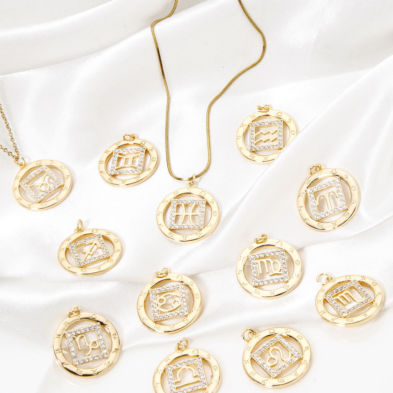 Picture of Eco-friendly Brass Charmes 18K Real Gold Plated Round Constellation Hollow Clear Cubic Zirconia 24mm x 19mm