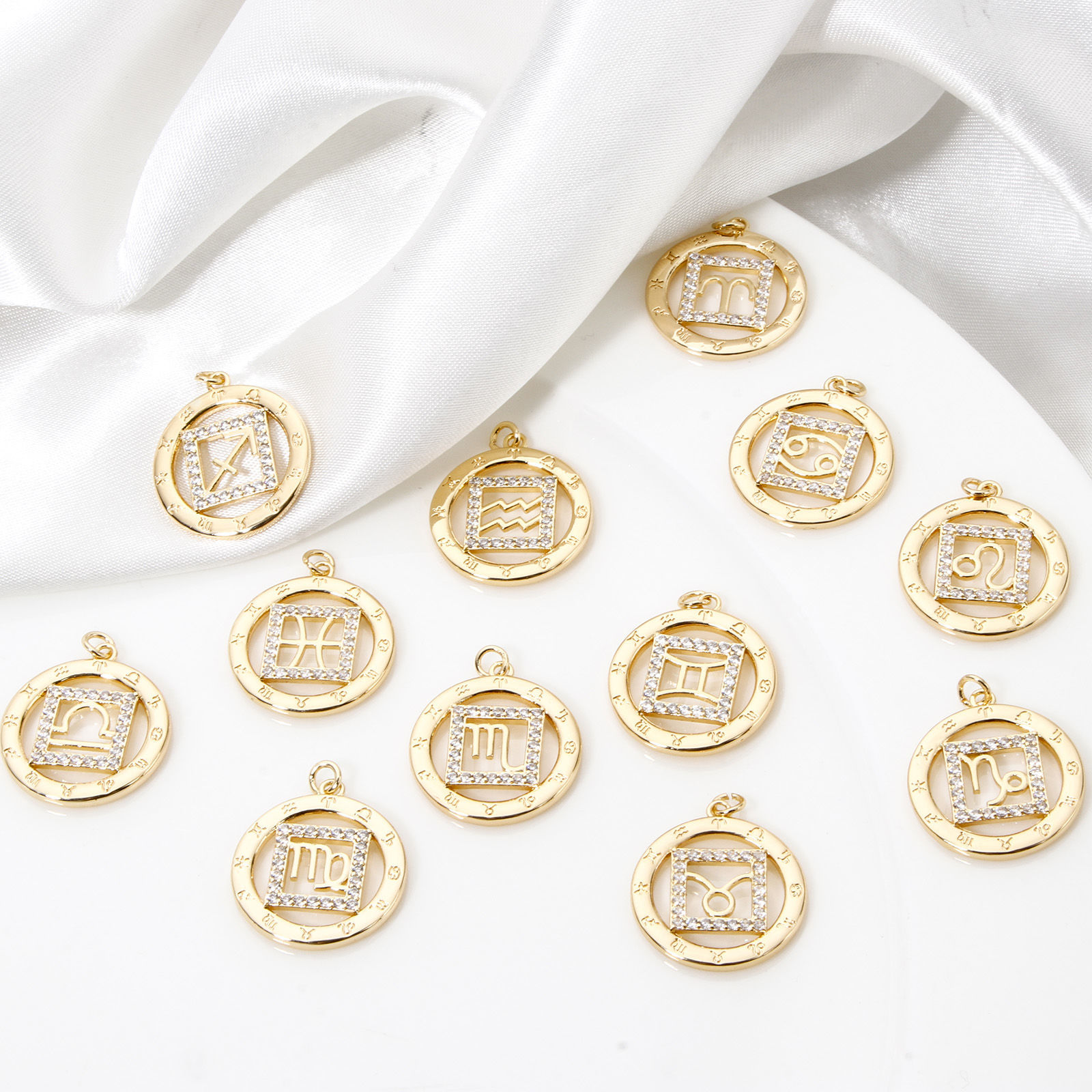 Picture of Eco-friendly Brass Charmes 18K Real Gold Plated Round Constellation Hollow Clear Cubic Zirconia 24mm x 19mm