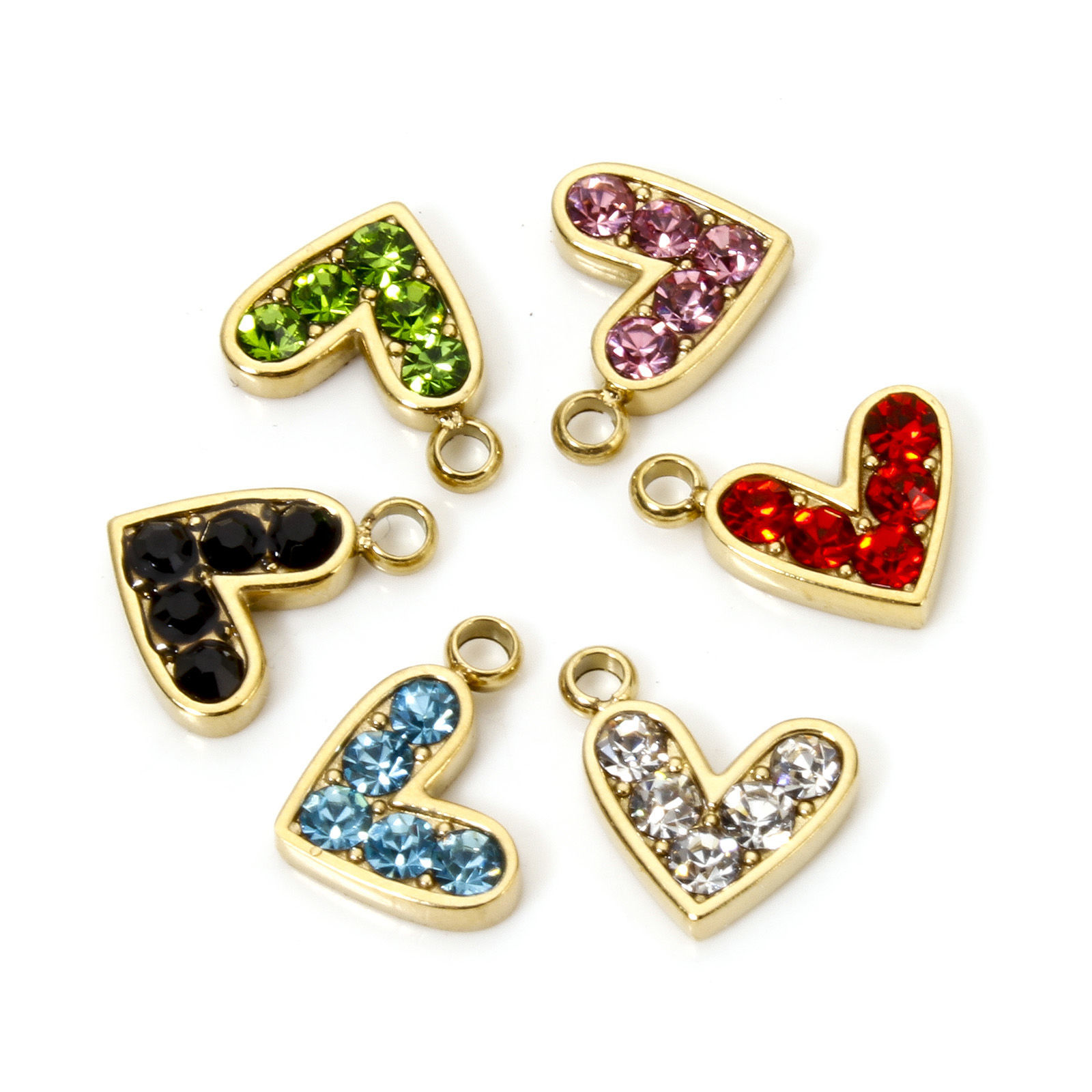 Picture of Eco-friendly Vacuum Plating 304 Stainless Steel Valentine's Day Charms 14K Real Gold Plated Heart Multicolor Rhinestone 10mm x 9mm