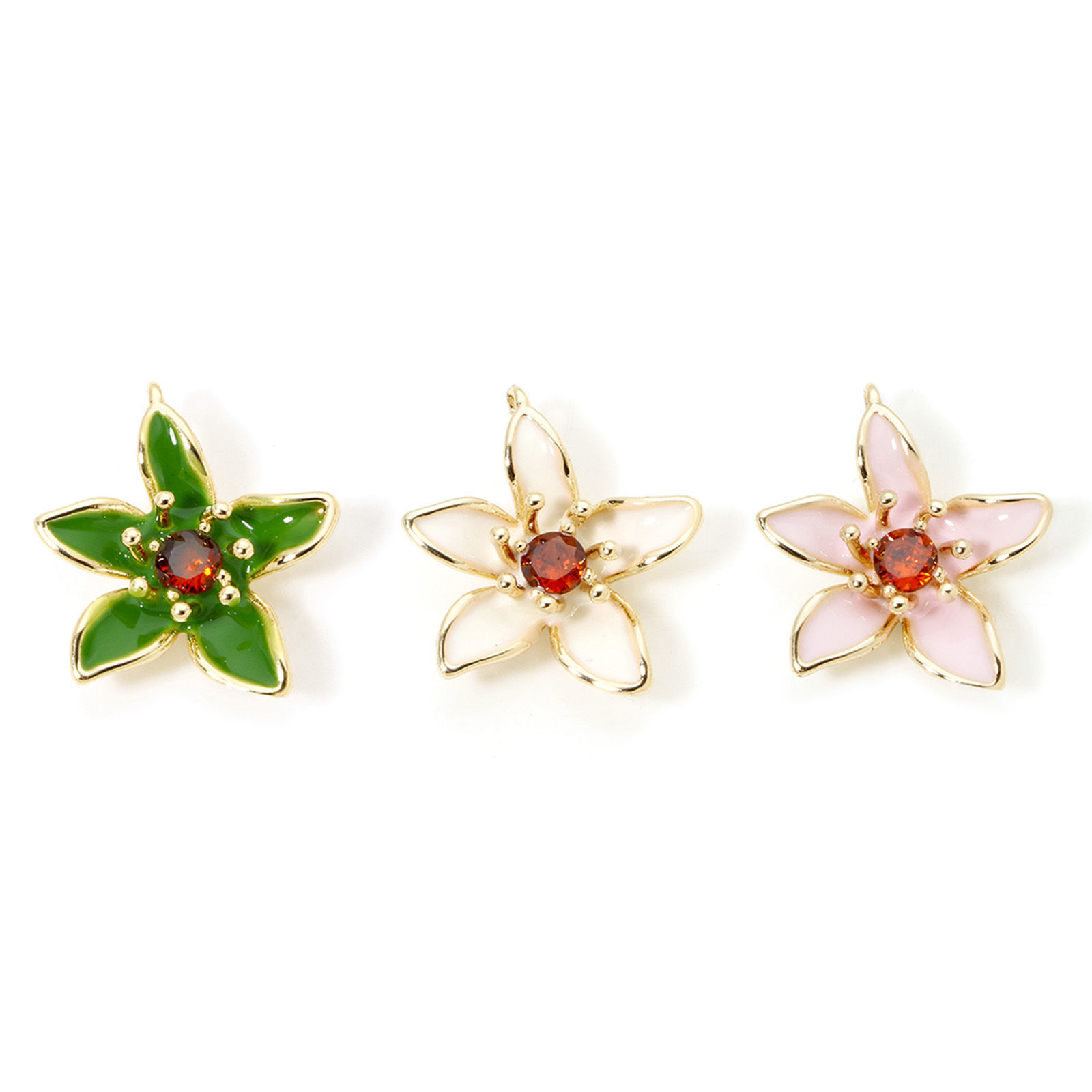 Picture of Eco-friendly Brass Charms 18K Real Gold Plated Flower Enamel Orange-red Cubic Zirconia 18mm x 16mm