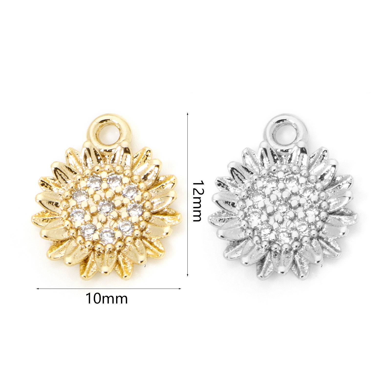 Picture of Eco-friendly Brass Mini Charm Tiny Charm Real Gold Plated Daisy Flower Clear Cubic Zirconia 12mm x 10mm