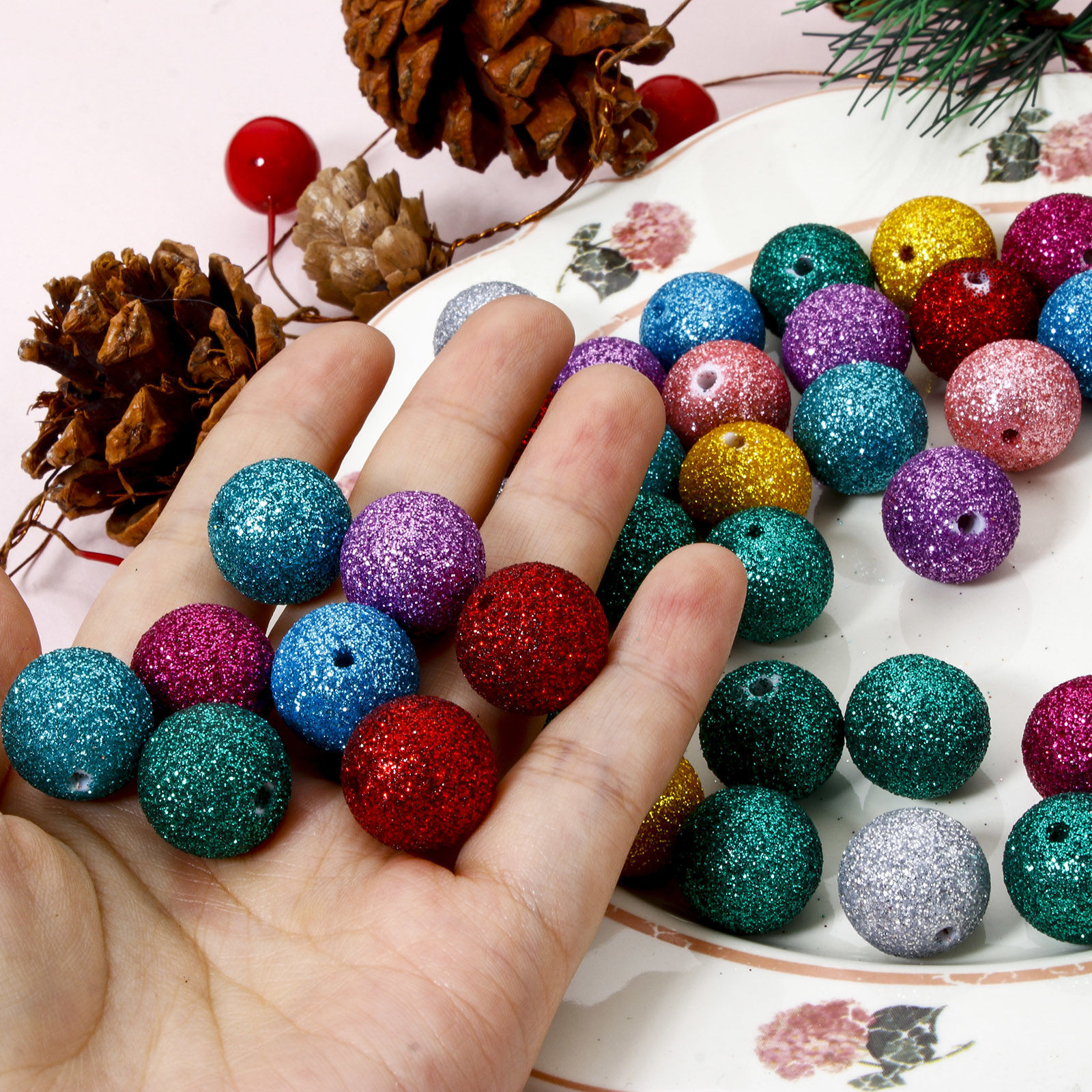 Picture of Acrylic Christmas Beads For DIY Jewelry Making Multicolor Round Glitter About 16mm Dia.