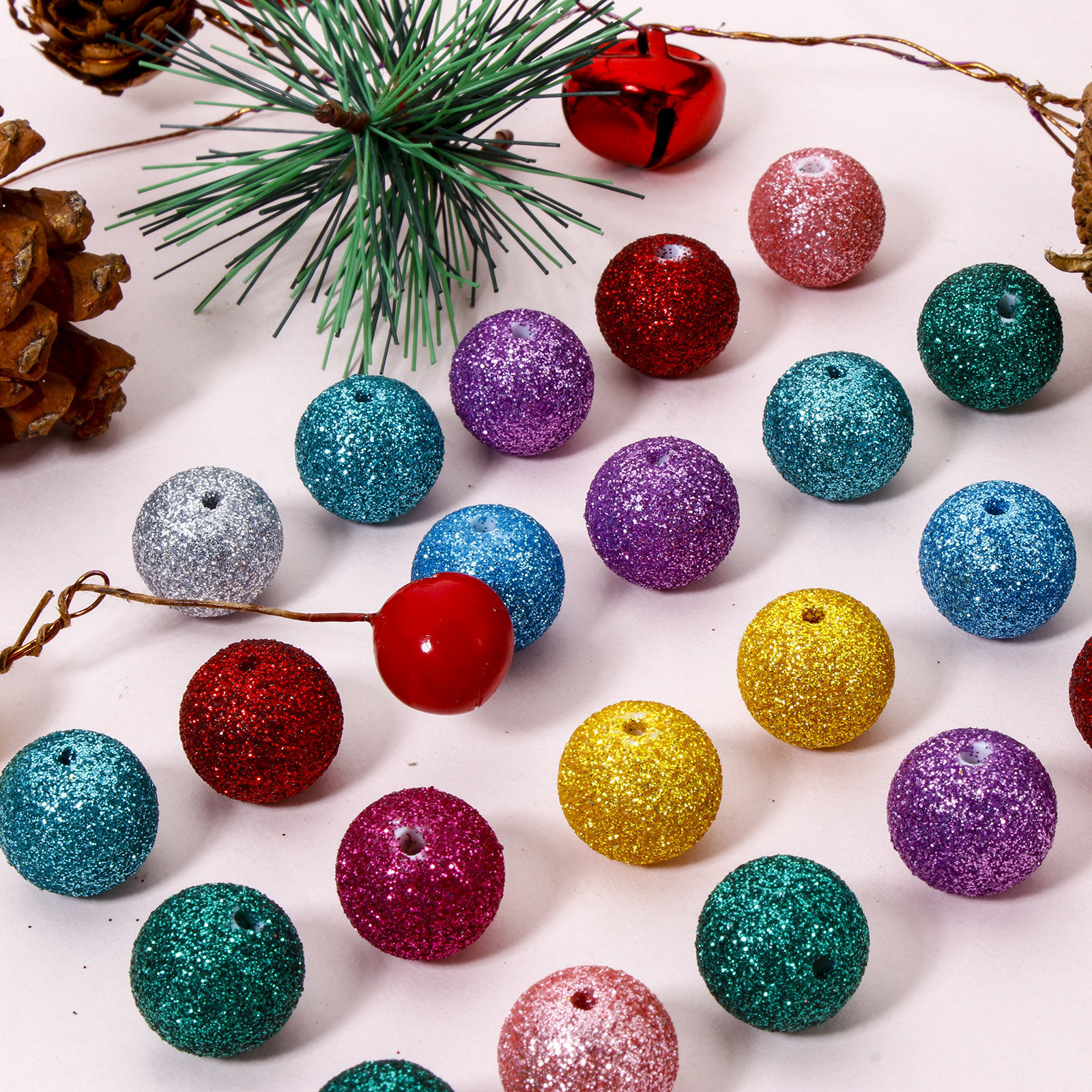 Picture of Acrylic Christmas Beads For DIY Jewelry Making Multicolor Round Glitter About 16mm Dia.