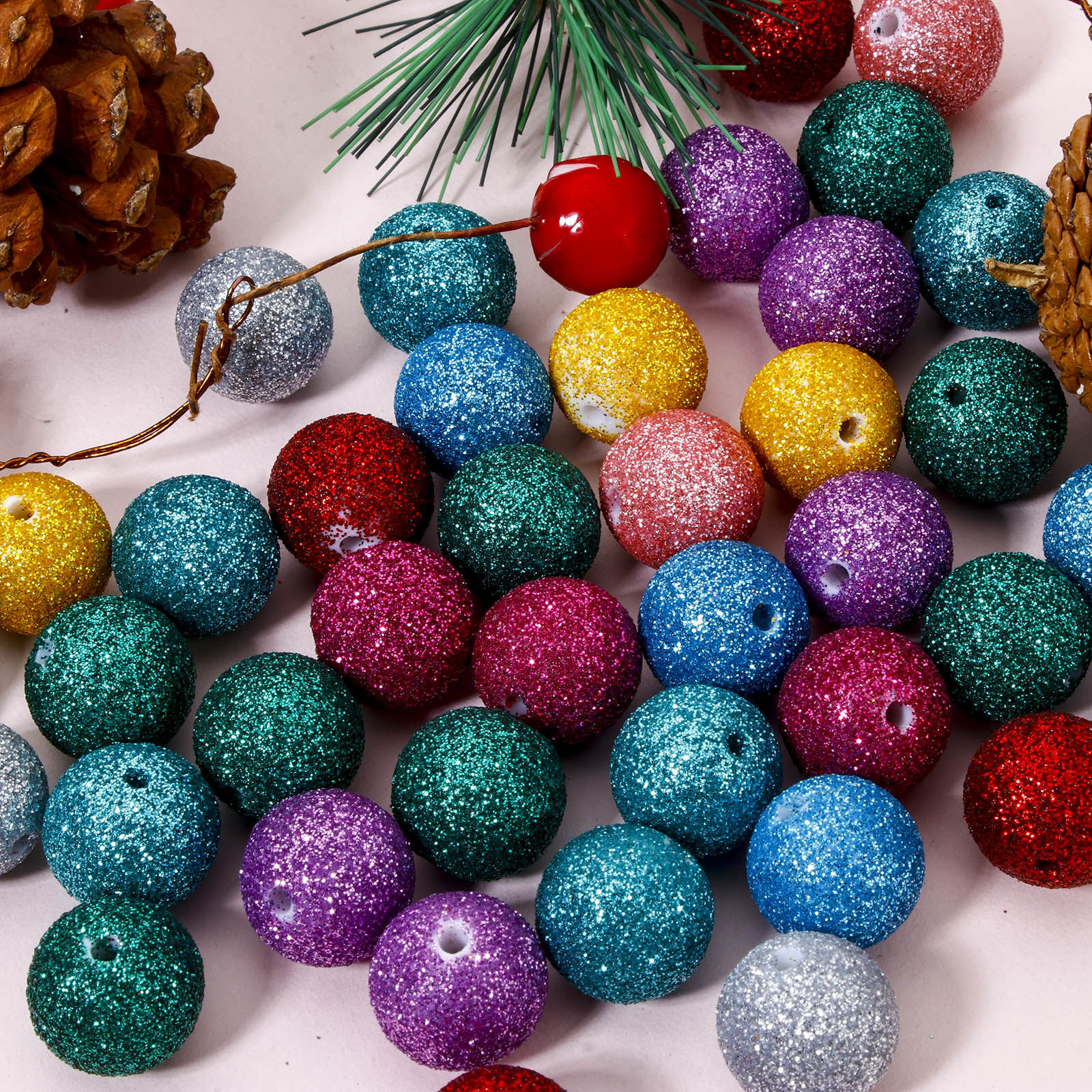 Picture of Acrylic Christmas Beads For DIY Jewelry Making Multicolor Round Glitter About 16mm Dia.