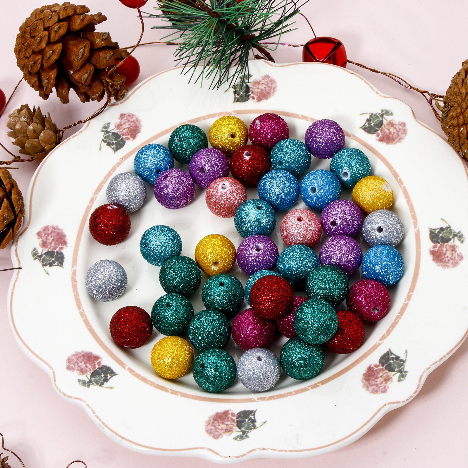 Picture of Acrylic Christmas Beads For DIY Jewelry Making Multicolor Round Glitter About 16mm Dia.