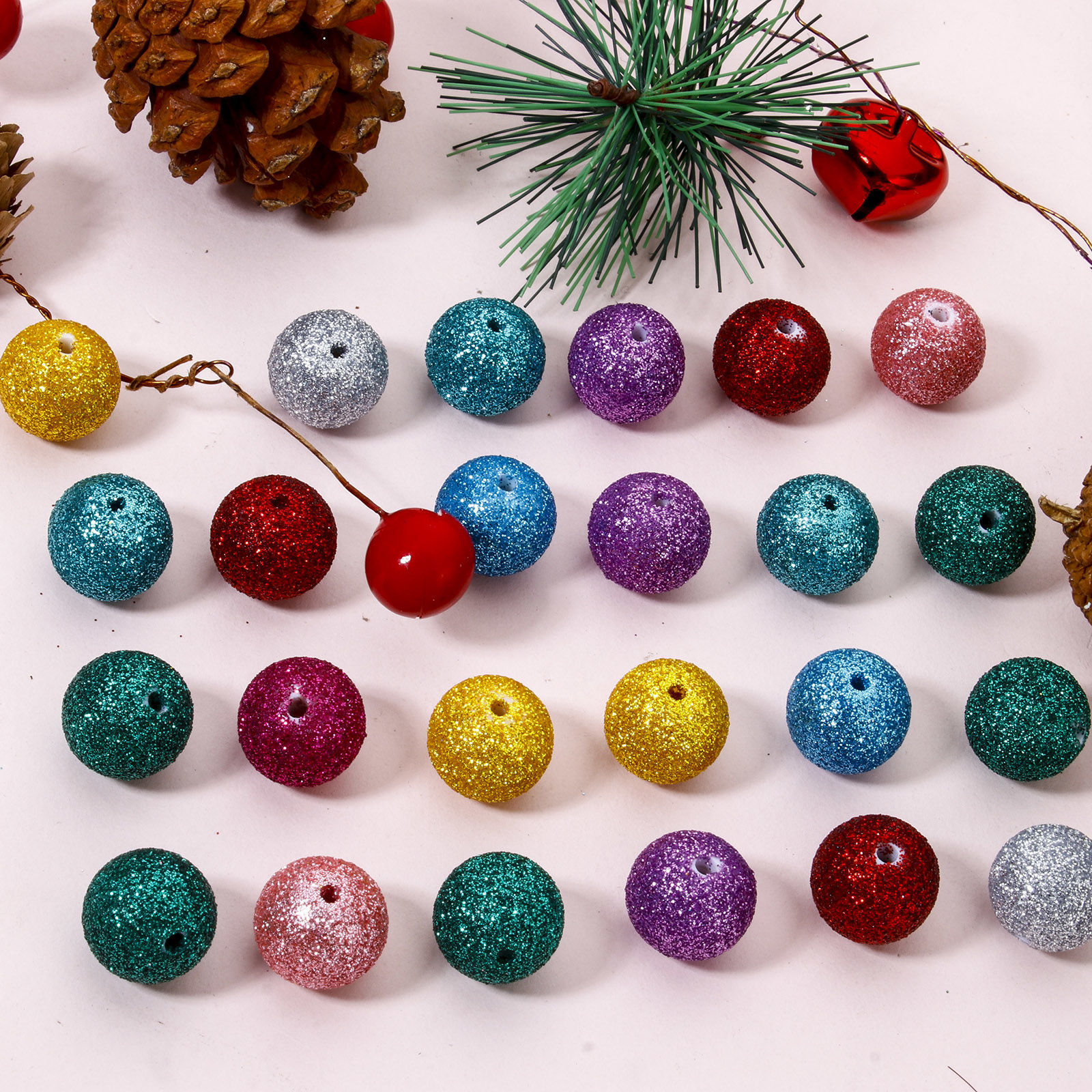 Picture of Acrylic Christmas Beads For DIY Jewelry Making Multicolor Round Glitter About 16mm Dia.