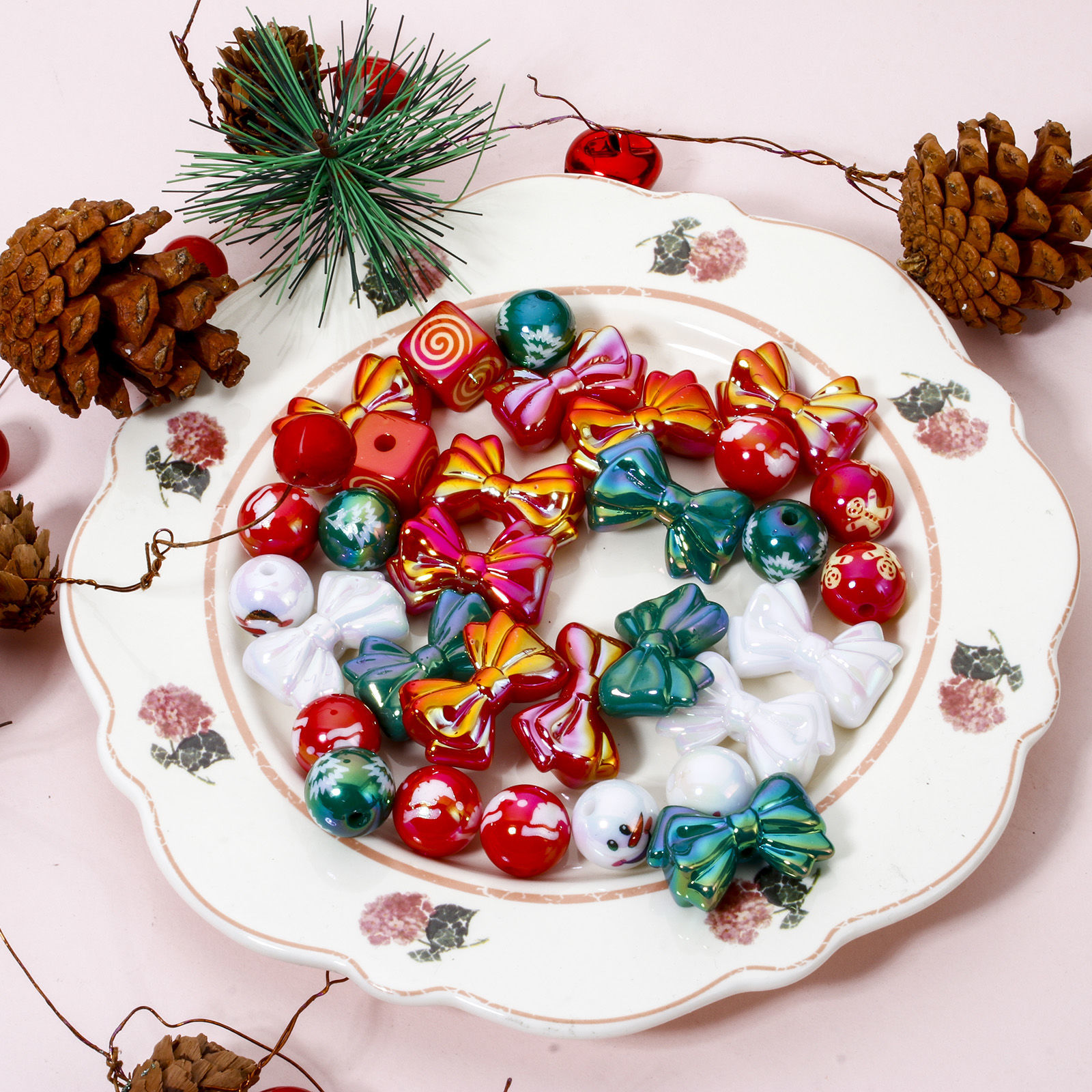 Picture of Acrylic Christmas Beads For DIY Jewelry Making At Random Mixed Color Bowknot Round