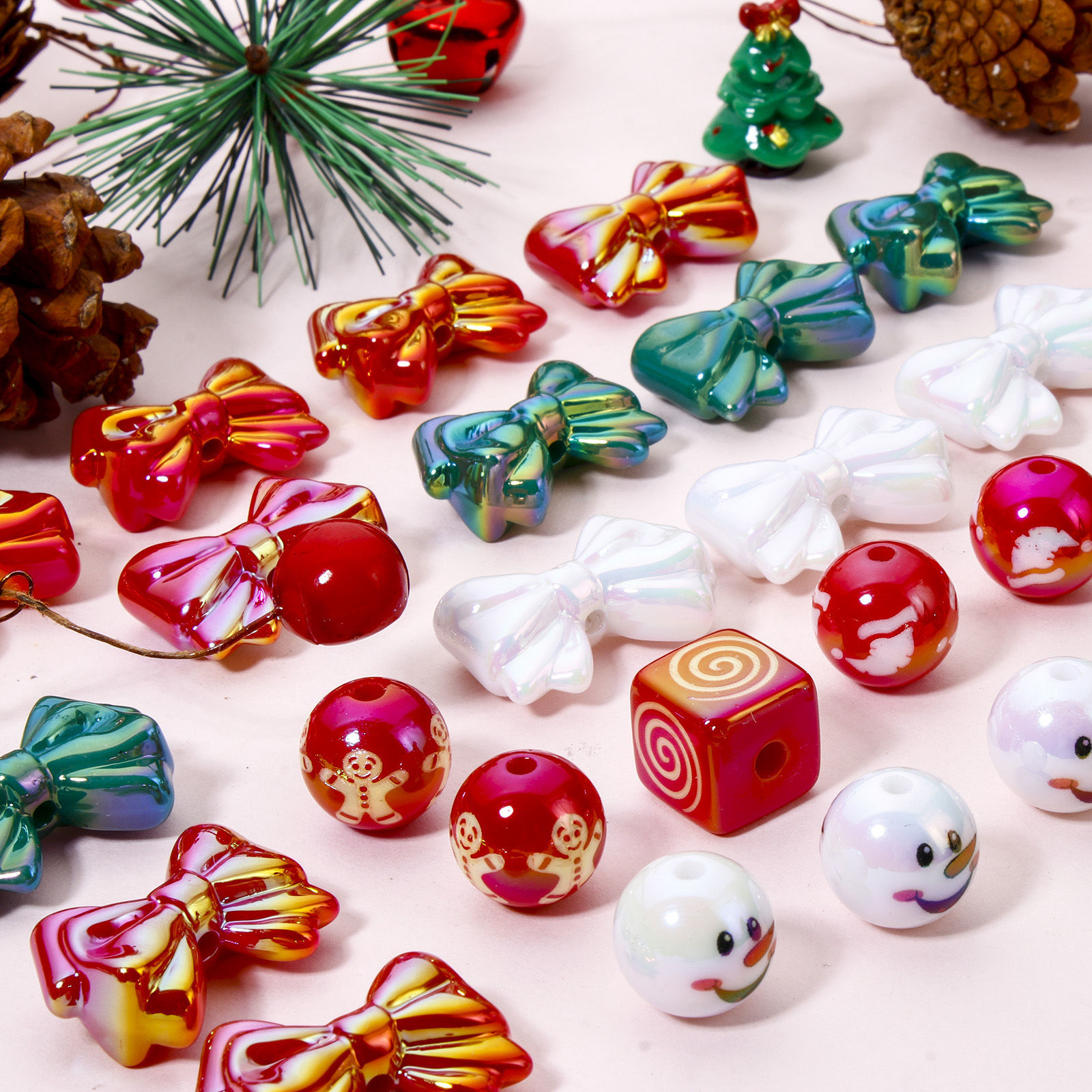 Picture of Acrylic Christmas Beads For DIY Jewelry Making At Random Mixed Color Bowknot Round