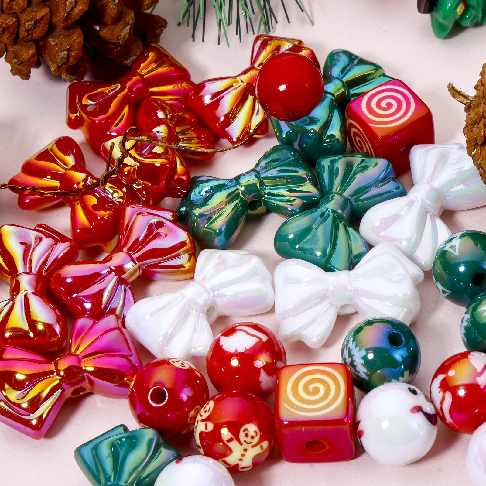 Picture of Acrylic Christmas Beads For DIY Jewelry Making At Random Mixed Color Bowknot Round