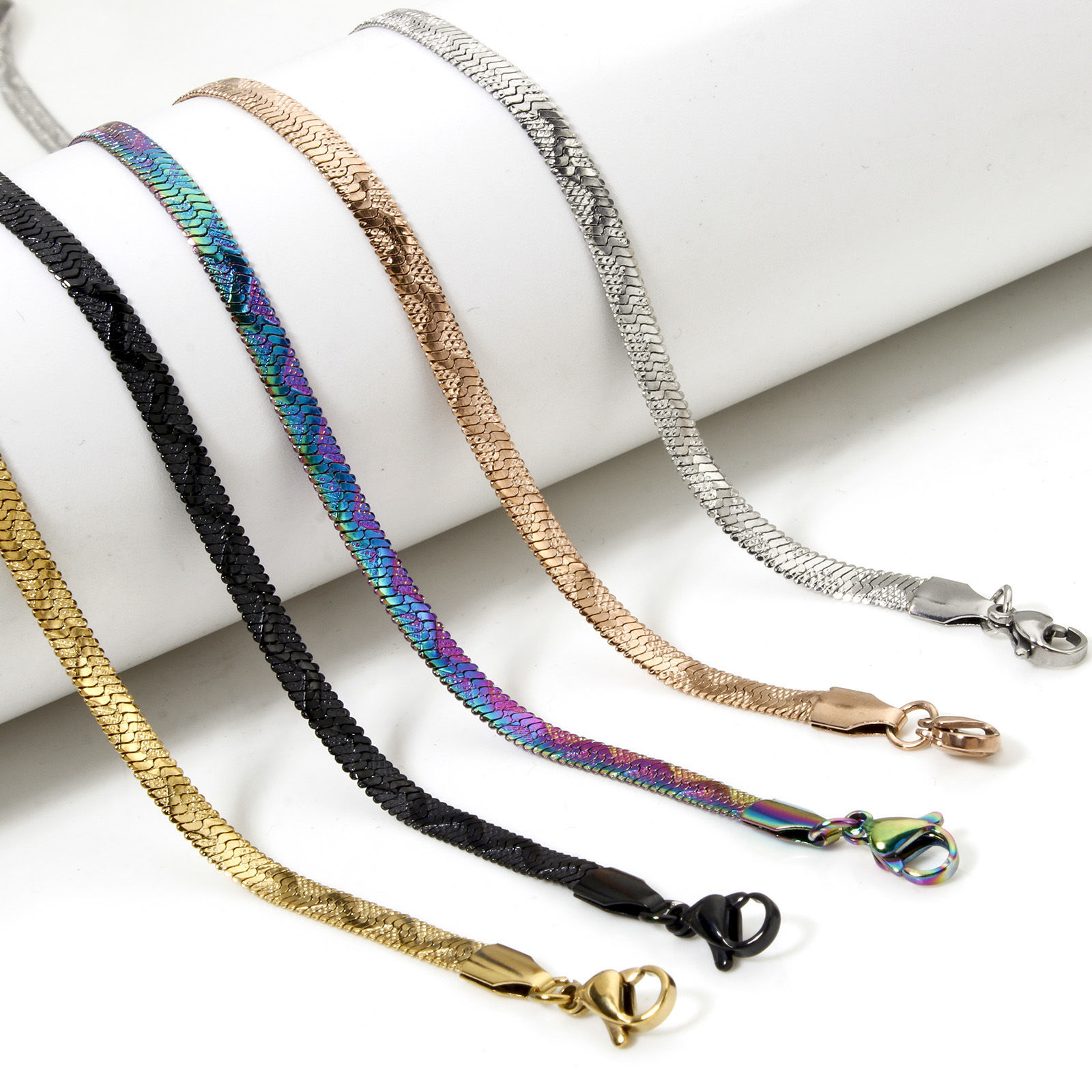 Imagen de 1 Unidad 304 Acero Inoxidable Cadena de Serpiente Plana Collares Con Broche de Langosta y Extensor Cadena 40cm longitud, Cadena: 4mm