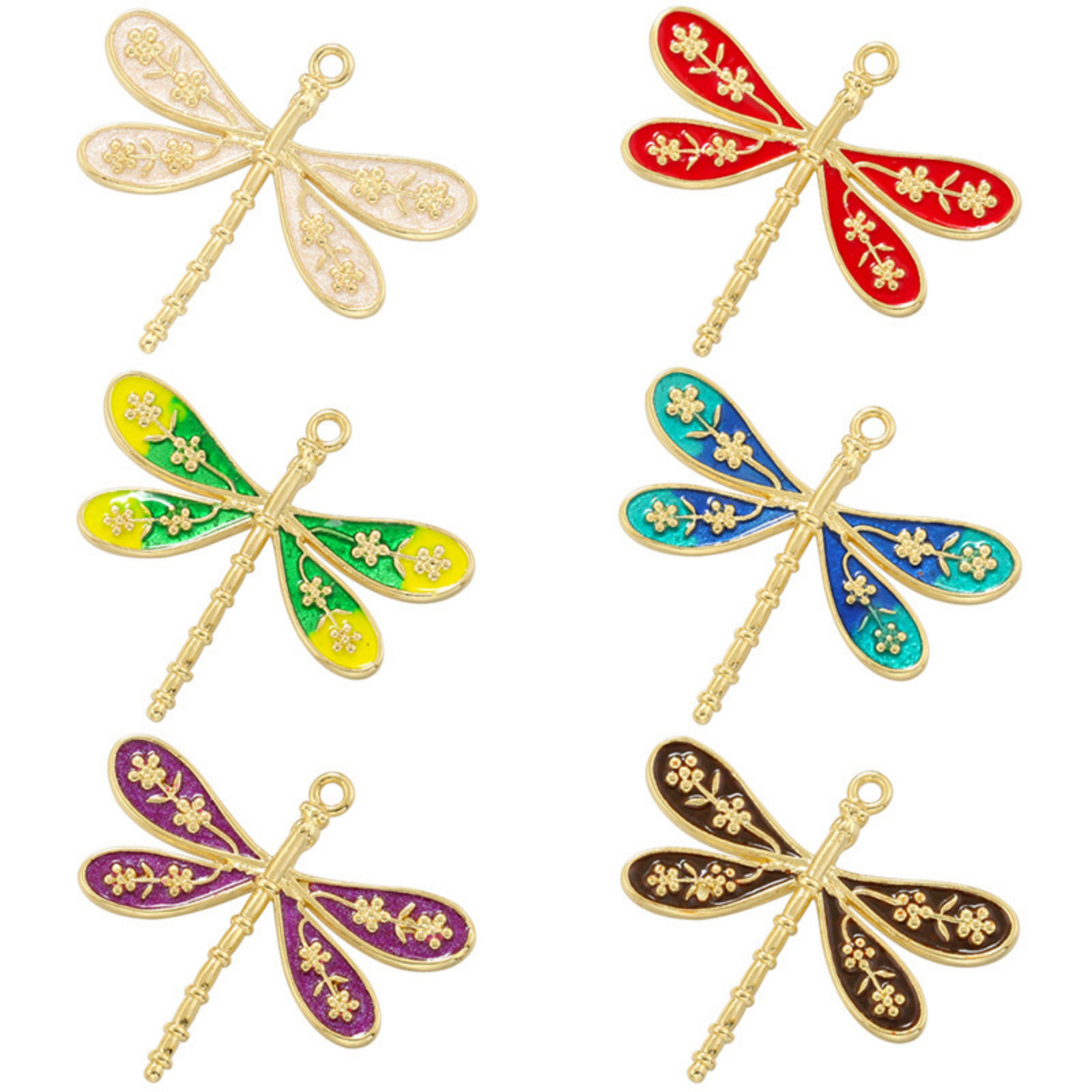Picture of Brass Insect Charms 18K Gold Plated Multicolor Dragonfly Animal Enamel 25.5mm x 23mm