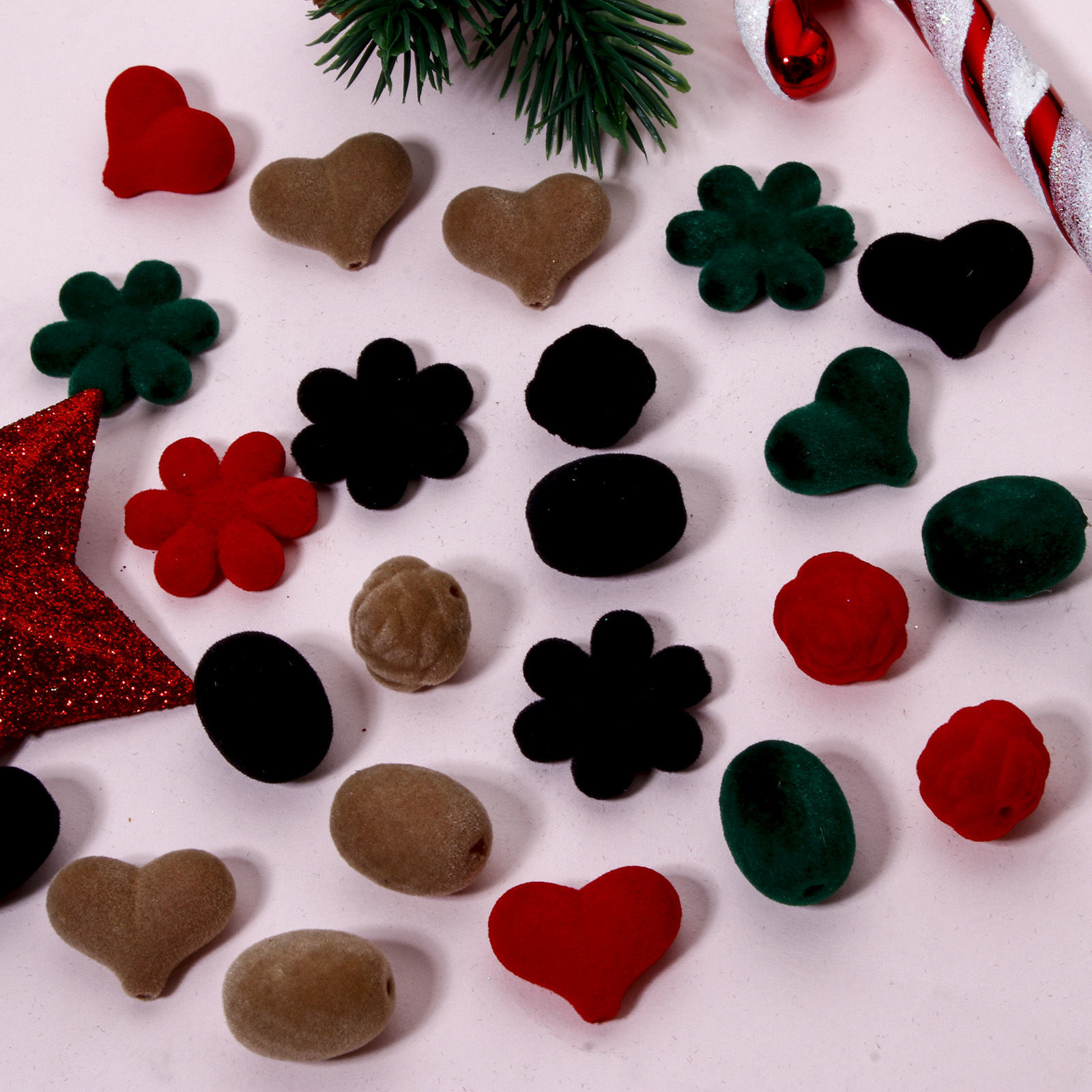 Picture of Acrylic Christmas Beads For DIY Jewelry Making At Random Mixed Color Heart Rose Flower Flocking