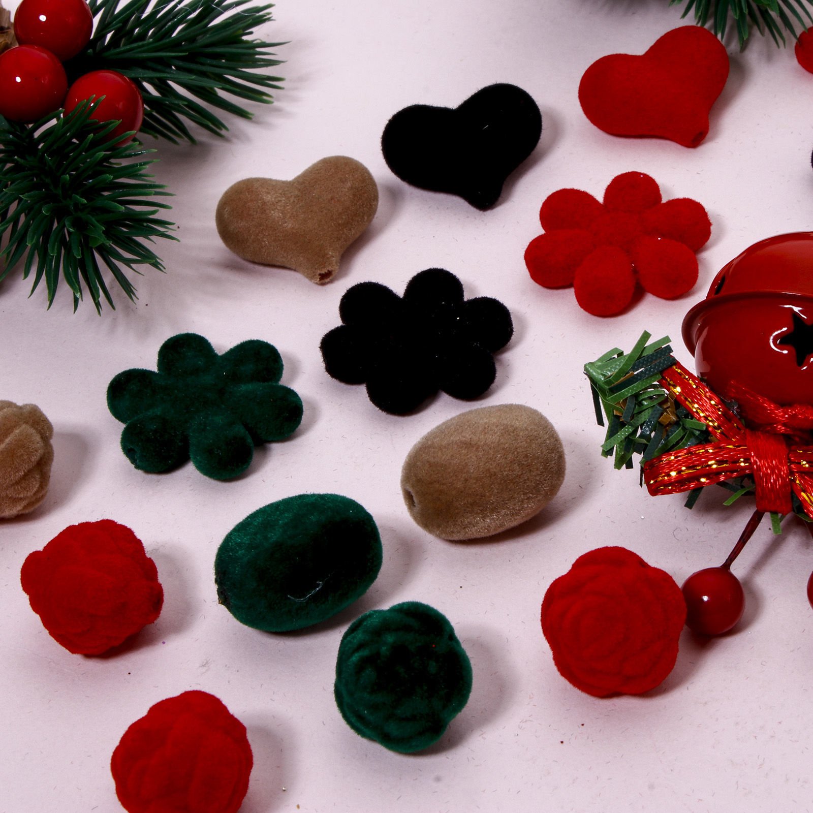 Picture of Acrylic Christmas Beads For DIY Jewelry Making At Random Mixed Color Heart Rose Flower Flocking
