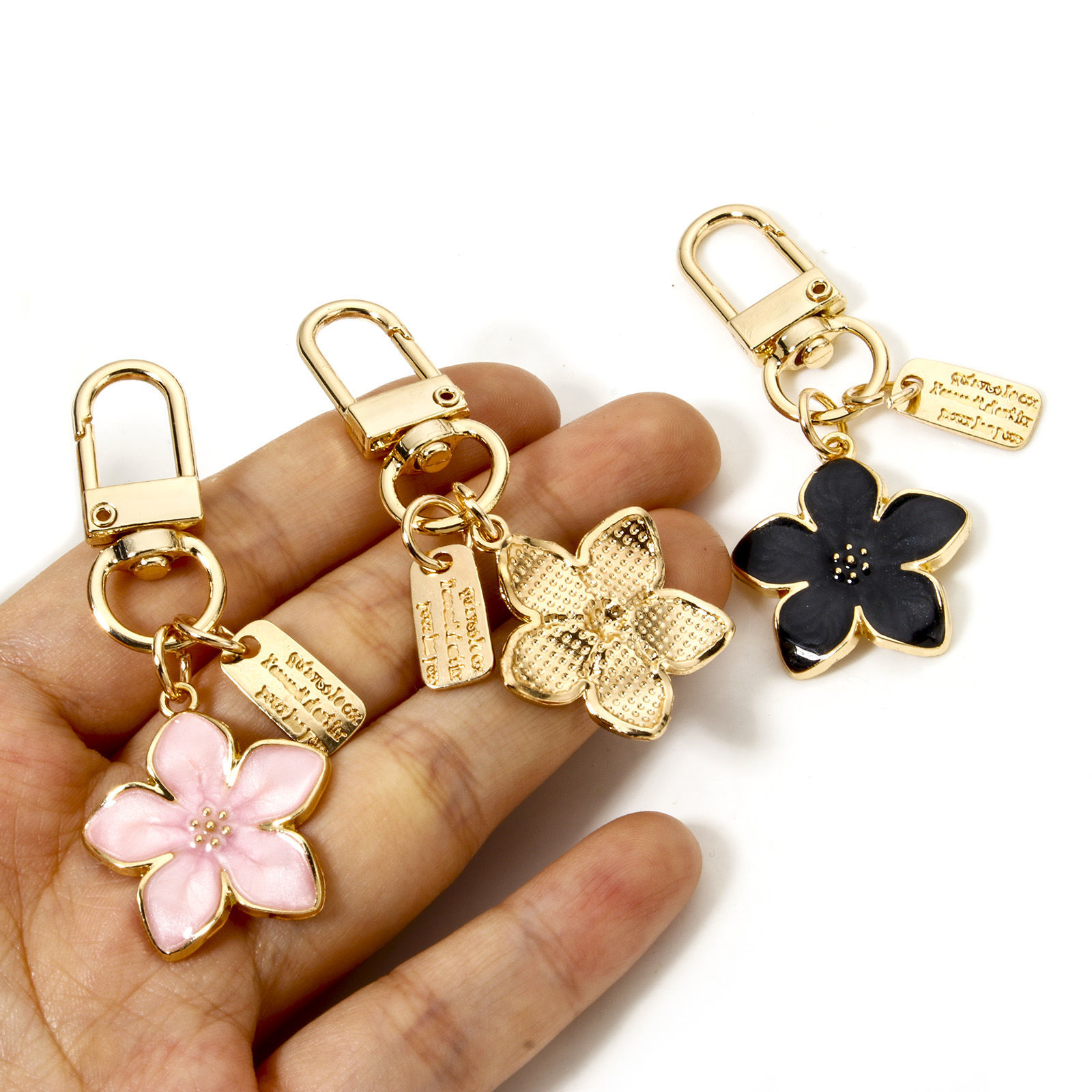 Picture of Zinc Based Alloy Flora Collection Keychain & Keyring Gold Plated Multicolor Sakura Flower Enamel 6.3cm x 2.5cm
