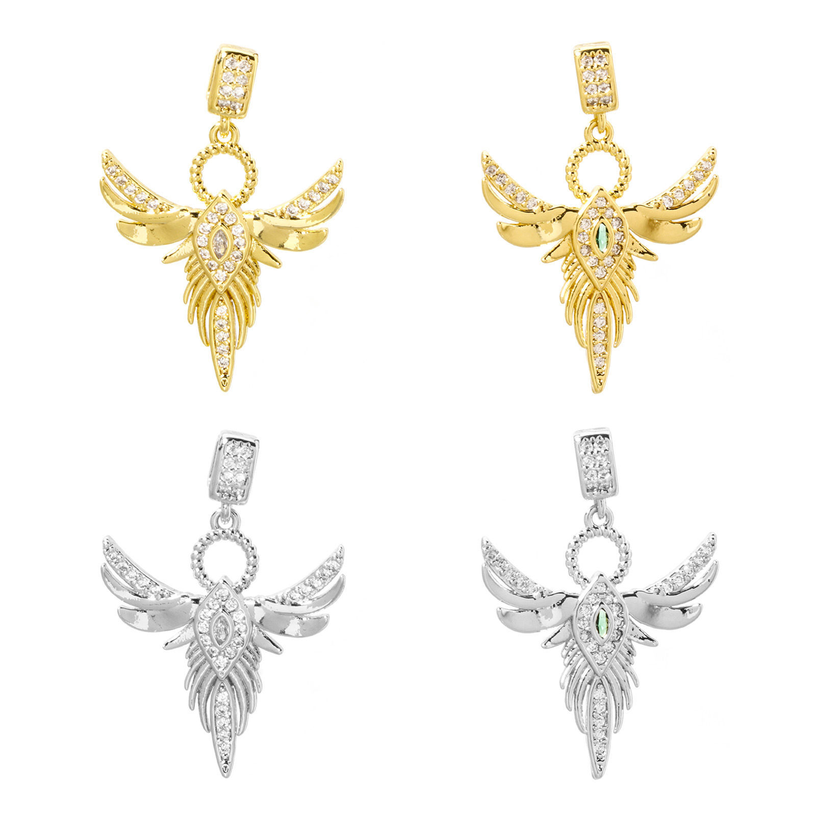 Picture of Brass Religious Pendants Multicolor Angel Wing Micro Pave Clear Cubic Zirconia 3.2cm x 2.2cm