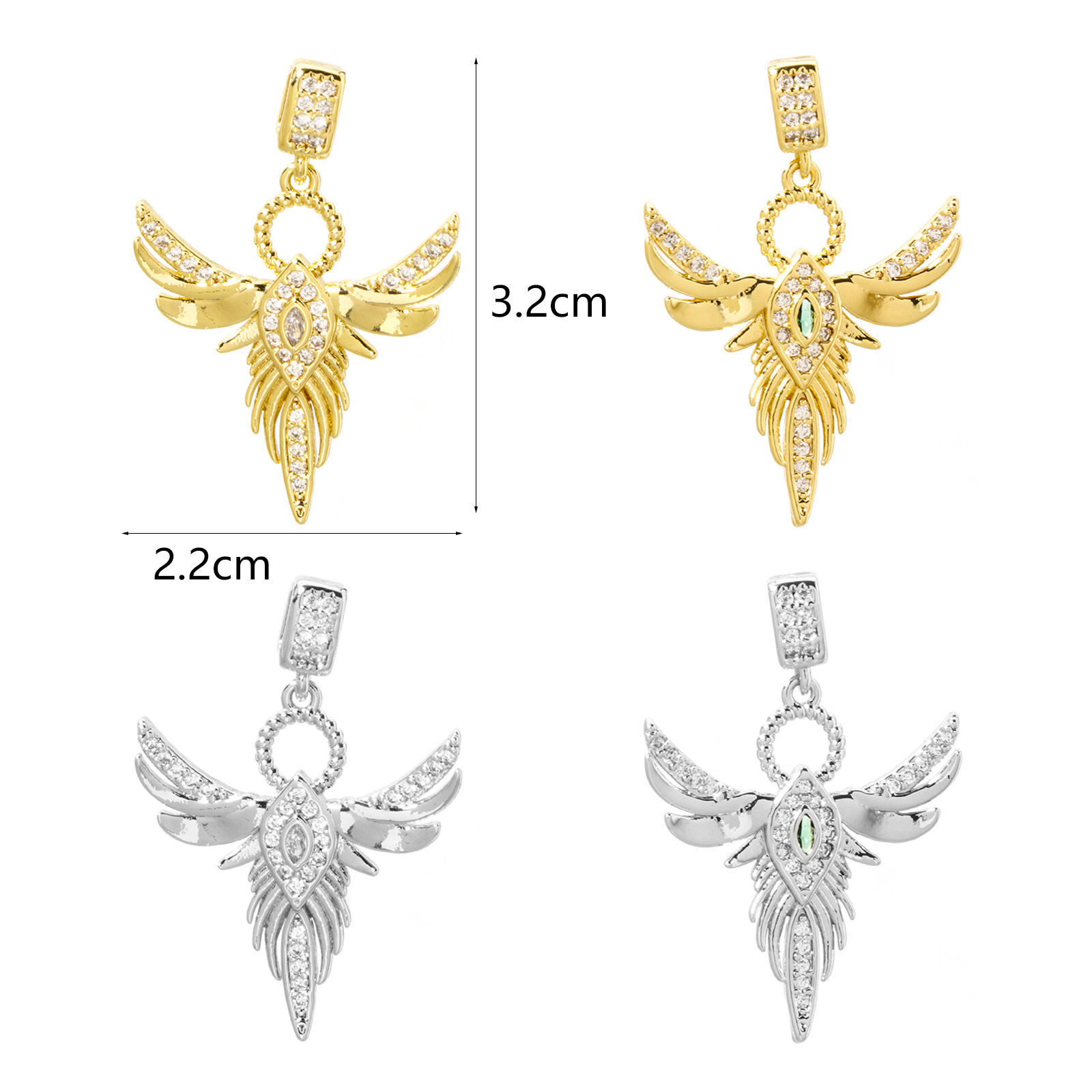 Picture of Brass Religious Pendants Multicolor Angel Wing Micro Pave Clear Cubic Zirconia 3.2cm x 2.2cm