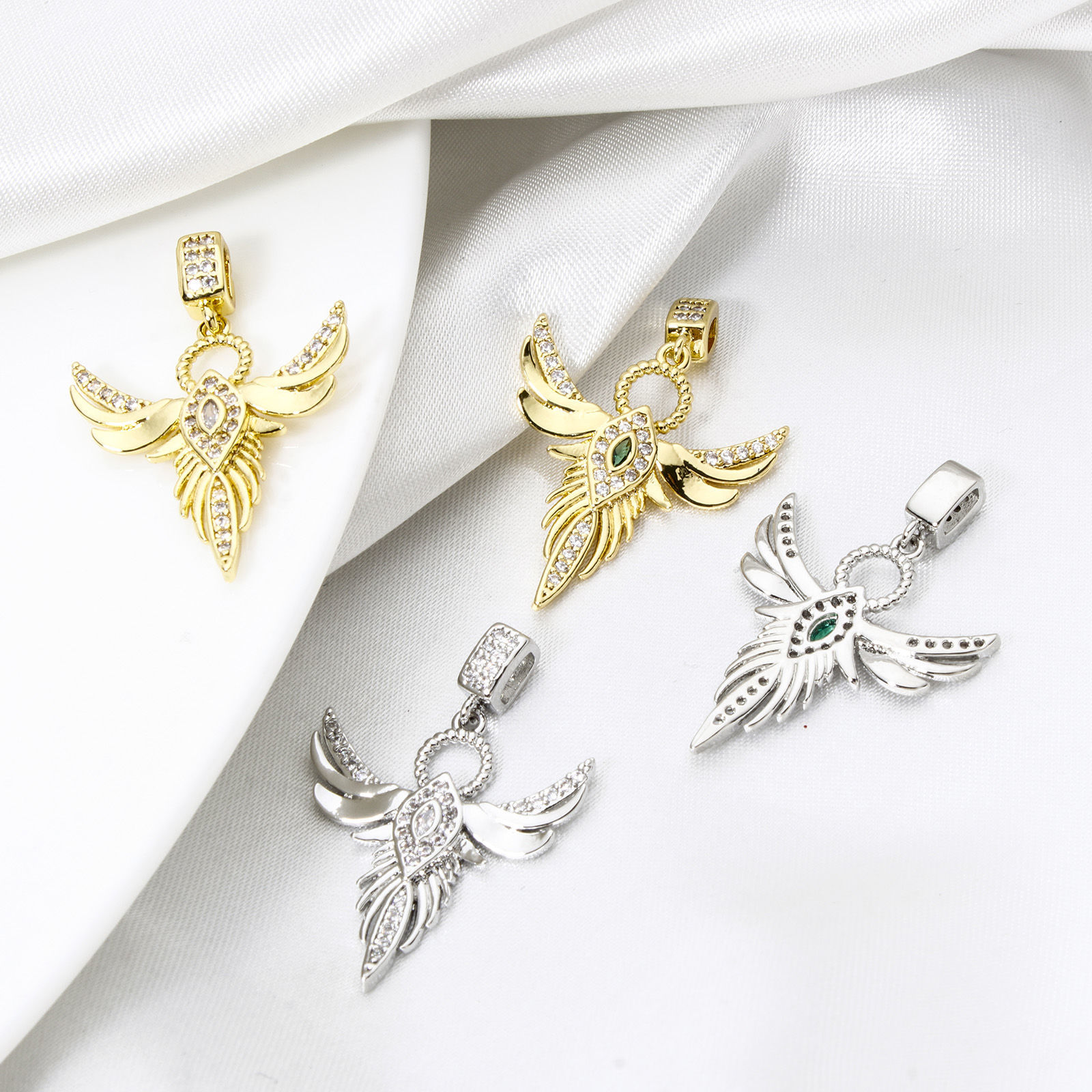 Picture of Brass Religious Pendants Multicolor Angel Wing Micro Pave Clear Cubic Zirconia 3.2cm x 2.2cm
