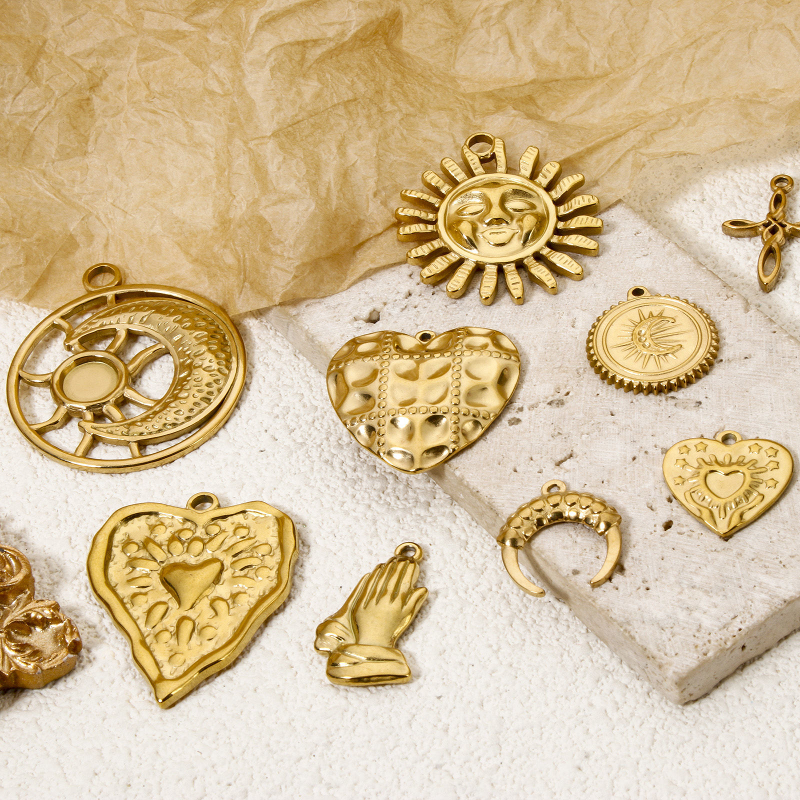 Picture of Eco-friendly Vacuum Plating 304 Stainless Steel Charms 18K Real Gold Plated Sun Moon