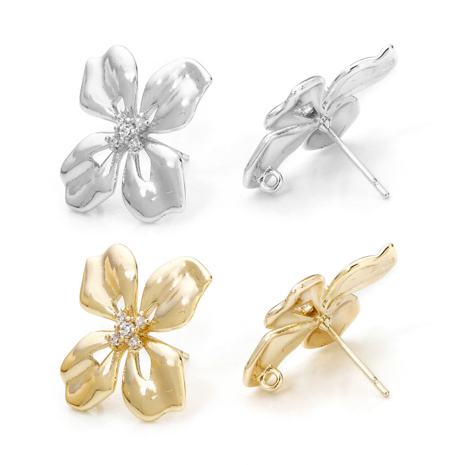 Picture of Eco-friendly Brass Ear Post Stud Earring With Loop Connector Accessories Real Gold Plated Flower Clear Cubic Zirconia 23.5mm x 23mm