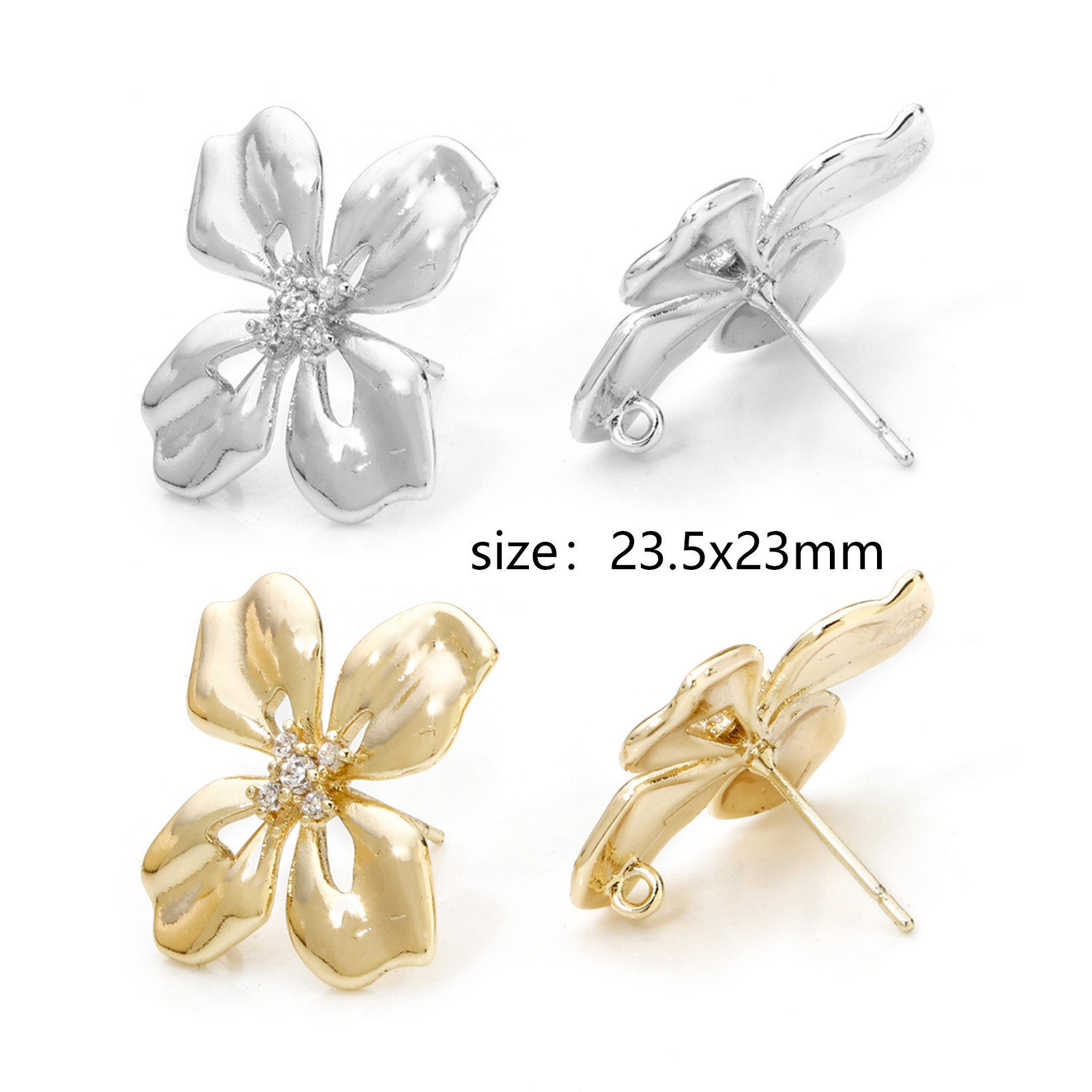 Picture of Eco-friendly Brass Ear Post Stud Earring With Loop Connector Accessories Real Gold Plated Flower Clear Cubic Zirconia 23.5mm x 23mm