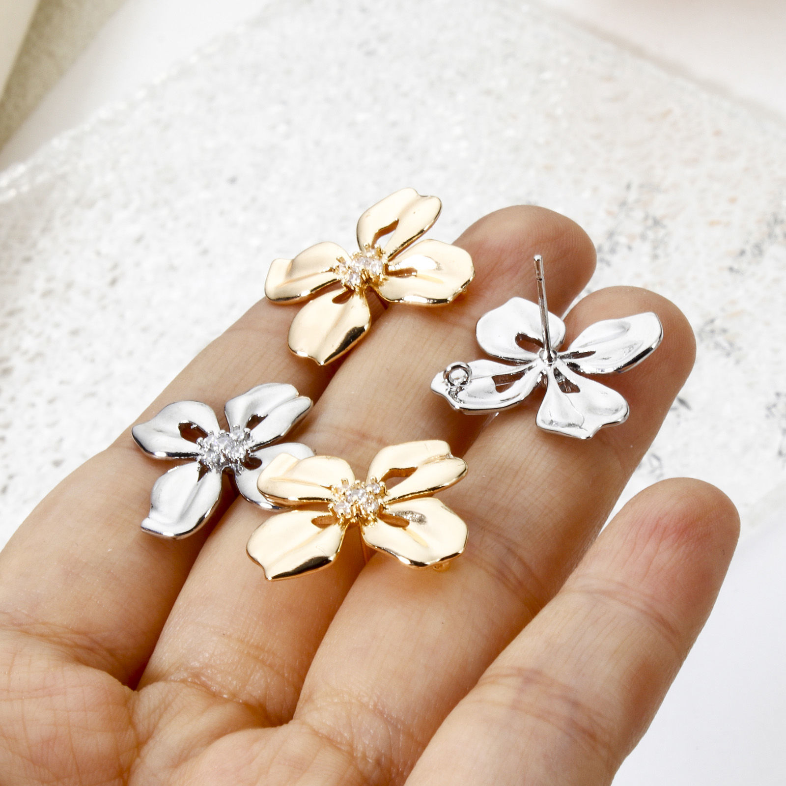 Picture of Eco-friendly Brass Ear Post Stud Earring With Loop Connector Accessories Real Gold Plated Flower Clear Cubic Zirconia 23.5mm x 23mm