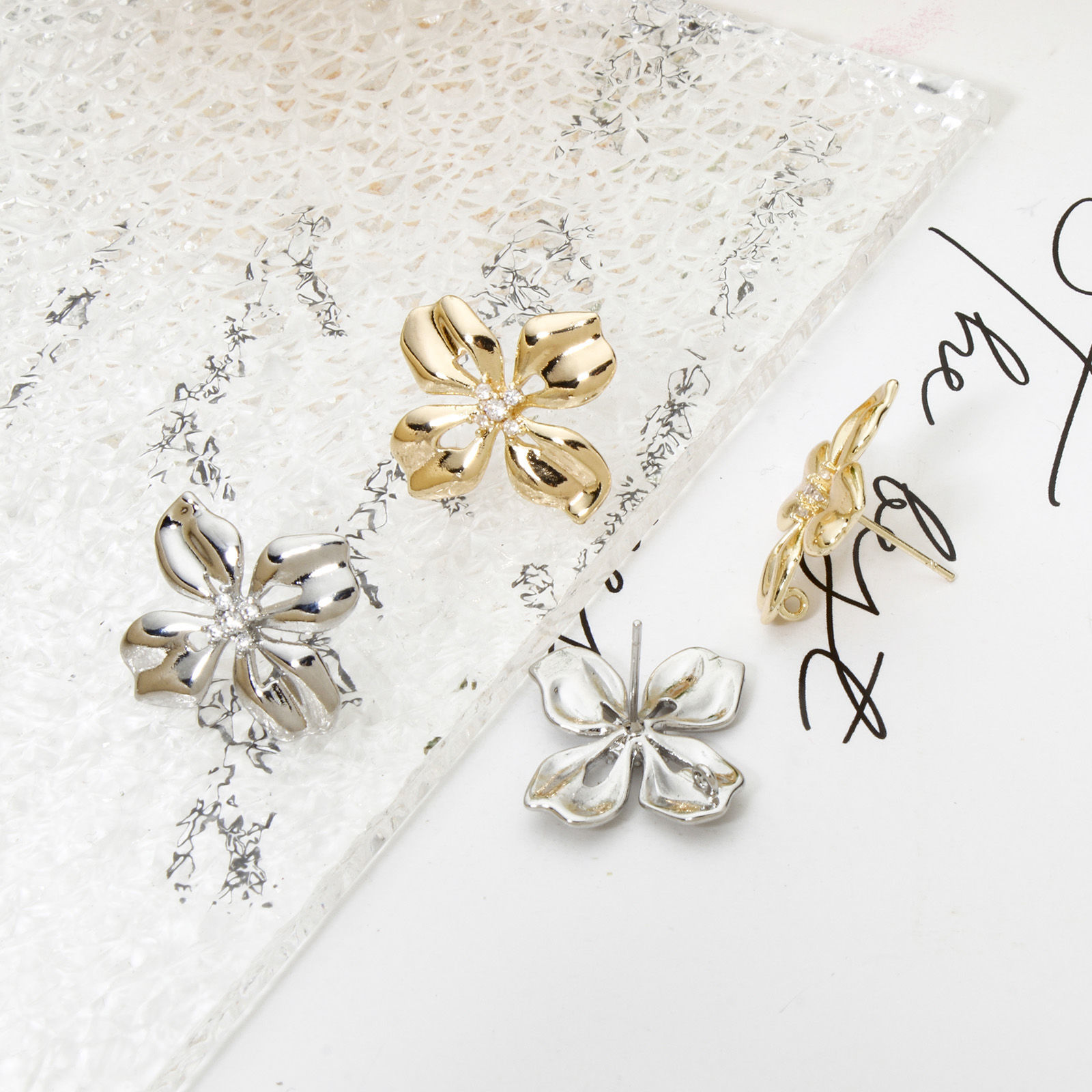 Picture of Eco-friendly Brass Ear Post Stud Earring With Loop Connector Accessories Real Gold Plated Flower Clear Cubic Zirconia 23.5mm x 23mm