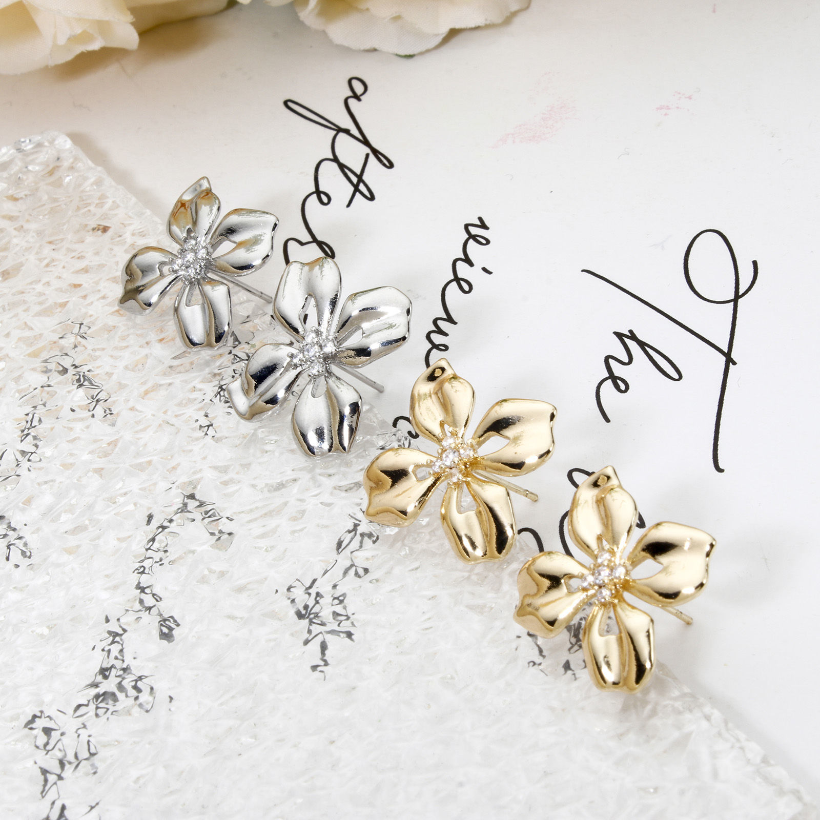 Picture of Eco-friendly Brass Ear Post Stud Earring With Loop Connector Accessories Real Gold Plated Flower Clear Cubic Zirconia 23.5mm x 23mm