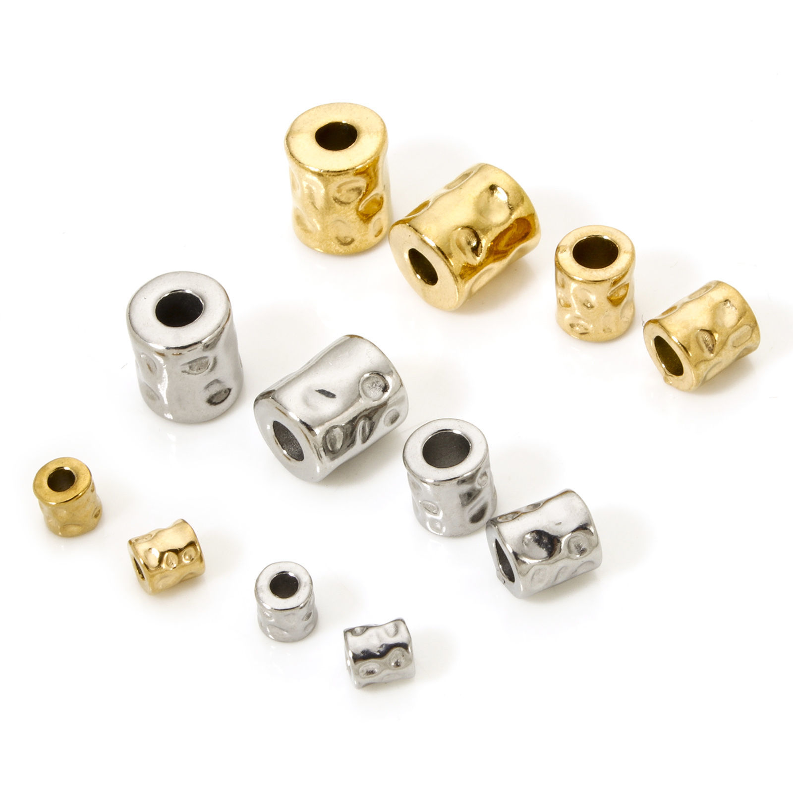 Image de 5 Pcs Perles pour DIY Fabrication de Bijoux Martelage en 304 Acier Inoxydable Placage Sous Vide Écologique Colonne Plaqué Or 18K Martelage