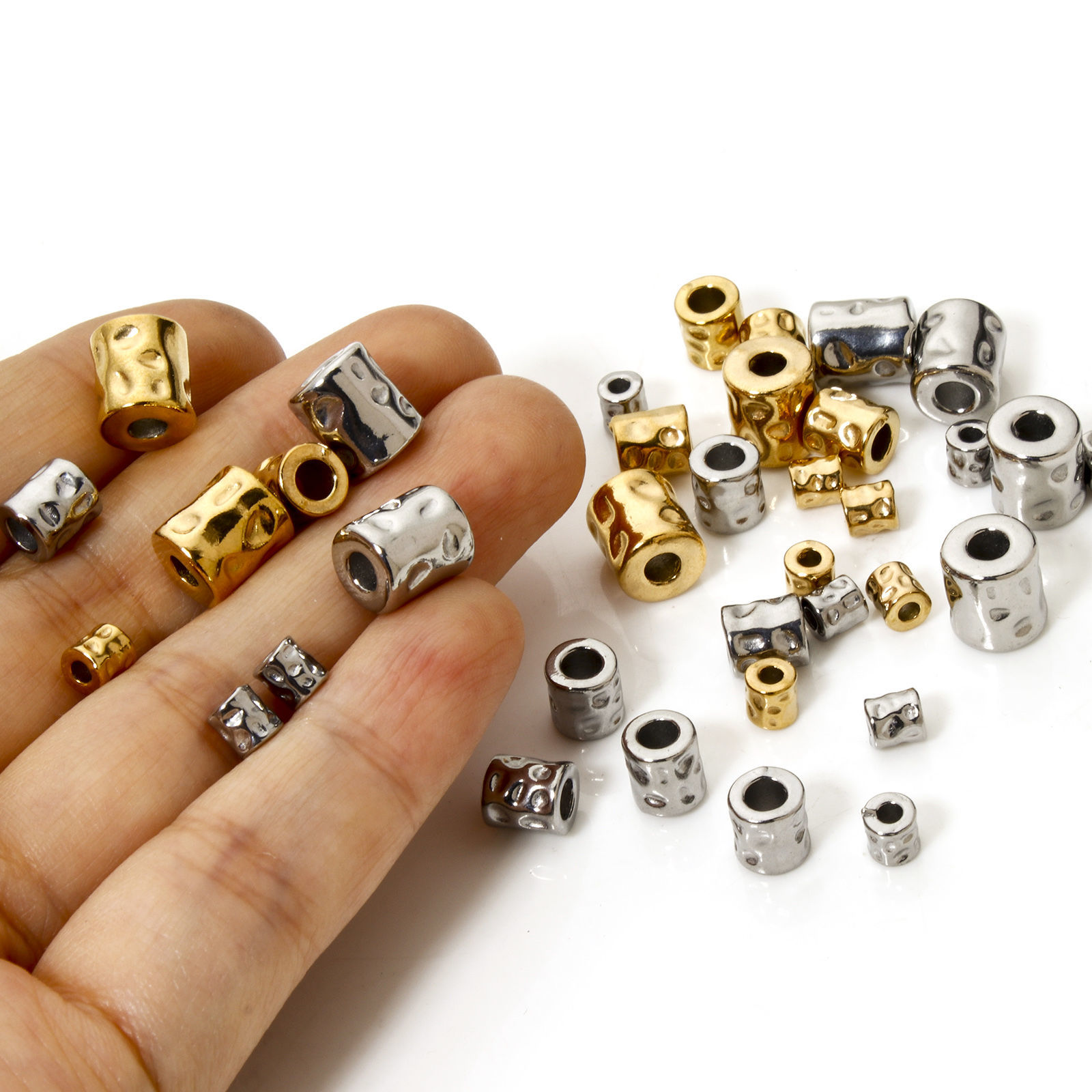 Image de 5 Pcs Perles pour DIY Fabrication de Bijoux Martelage en 304 Acier Inoxydable Placage Sous Vide Écologique Colonne Plaqué Or 18K Martelage