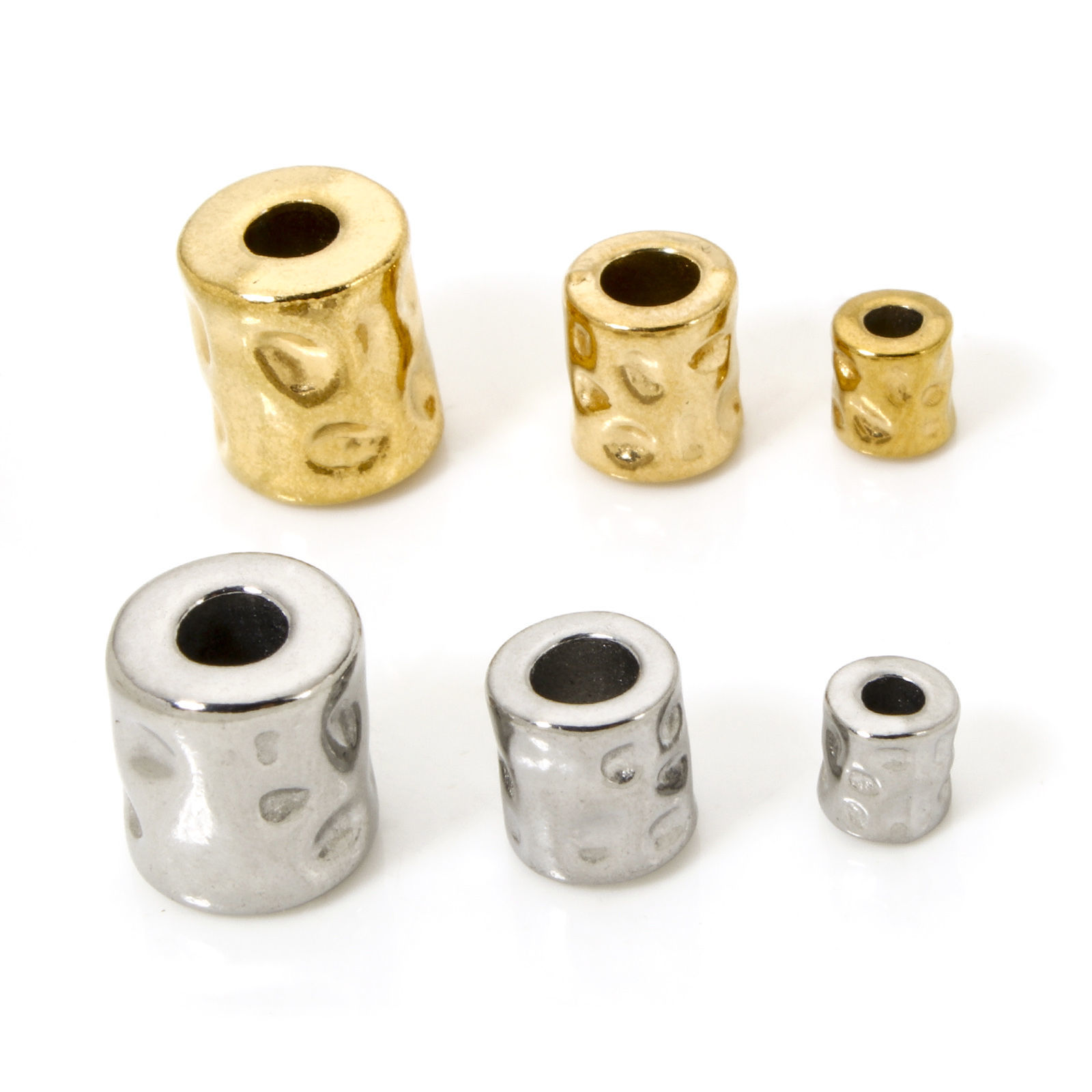 Image de 5 Pcs Perles pour DIY Fabrication de Bijoux Martelage en 304 Acier Inoxydable Placage Sous Vide Écologique Colonne Plaqué Or 18K Martelage