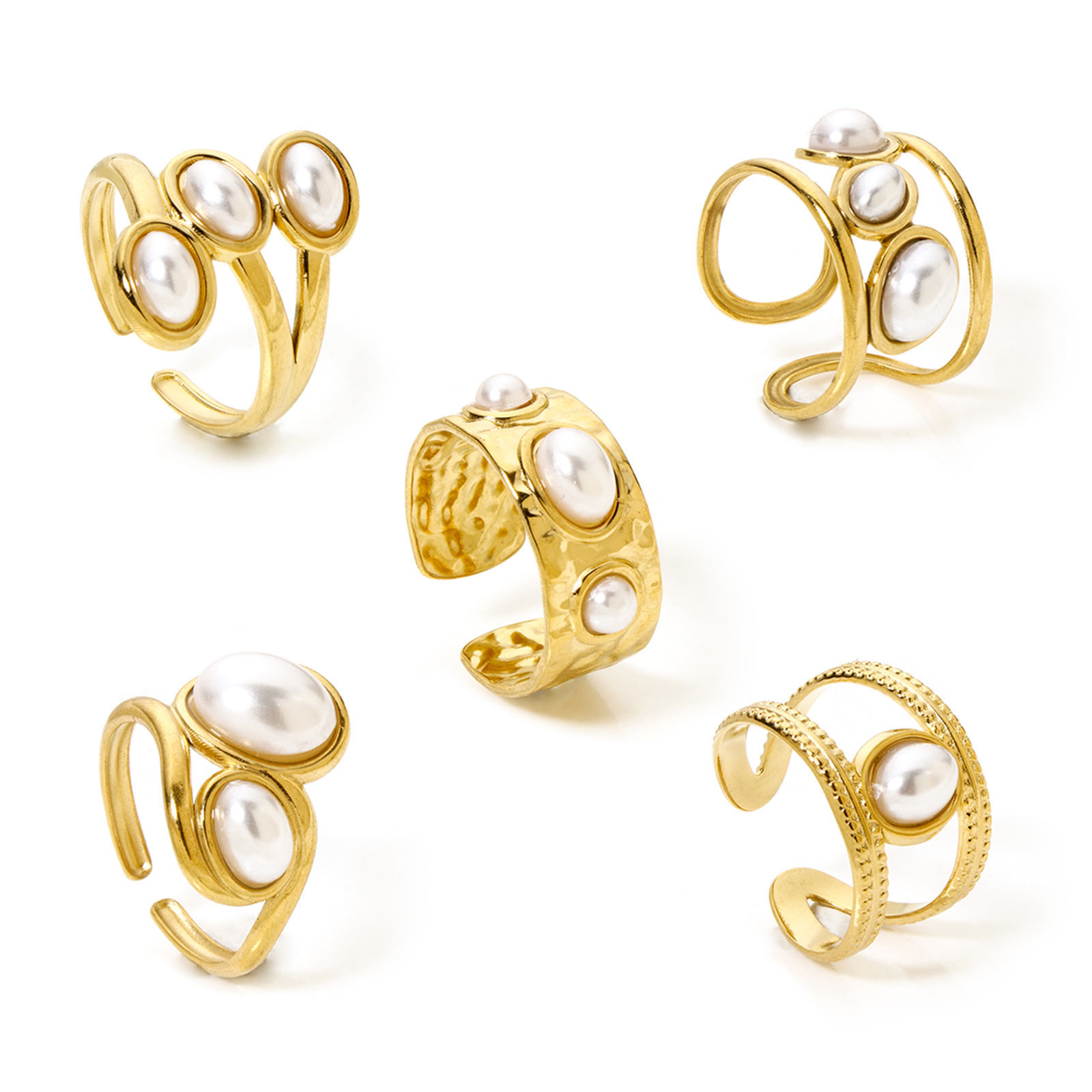 Picture of Eco-friendly Vacuum Plating 304 Stainless Steel Open Adjustable Rings 18K Gold Plated Oval Acrylic Imitation Pearl