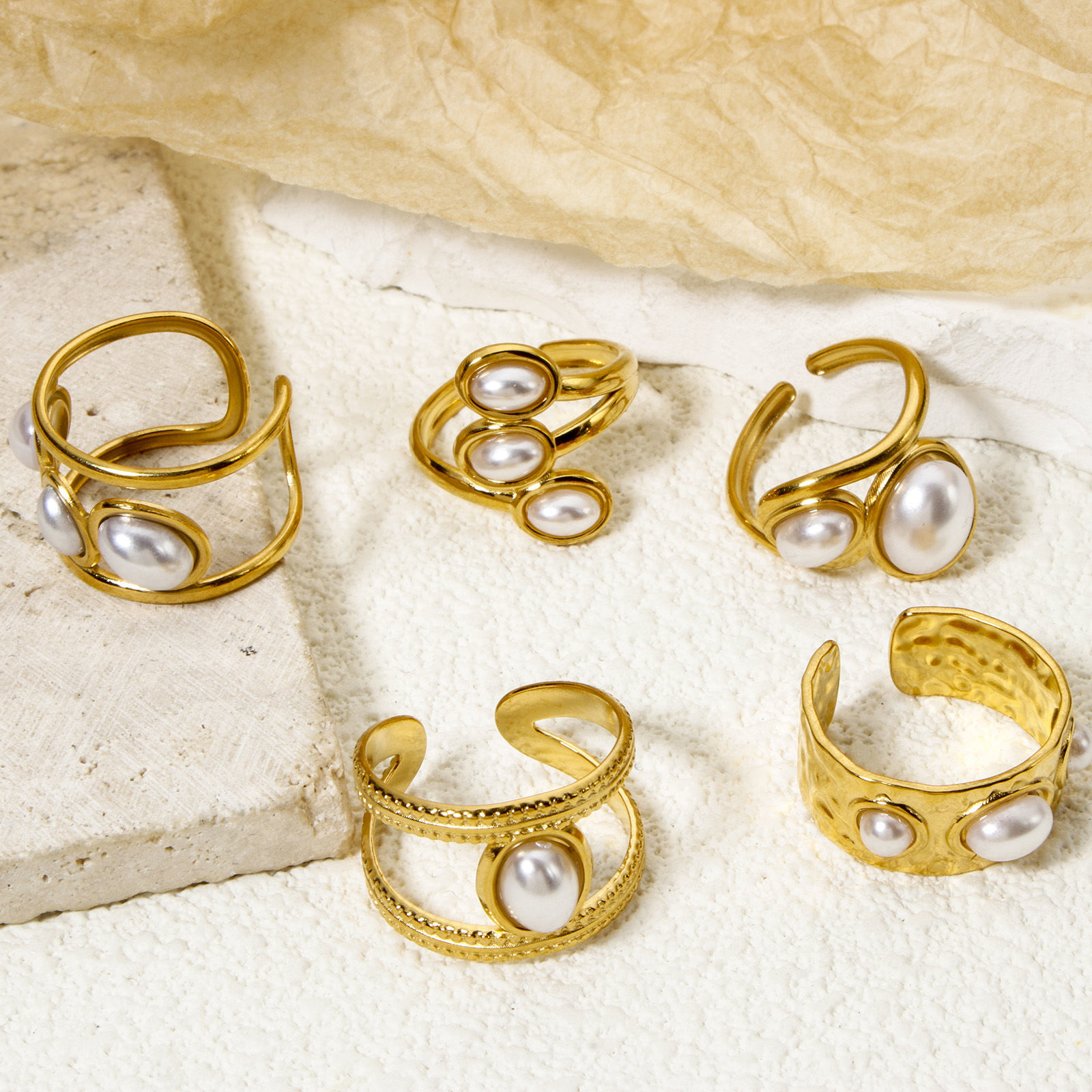 Picture of Eco-friendly Vacuum Plating 304 Stainless Steel Open Adjustable Rings 18K Gold Plated Oval Acrylic Imitation Pearl