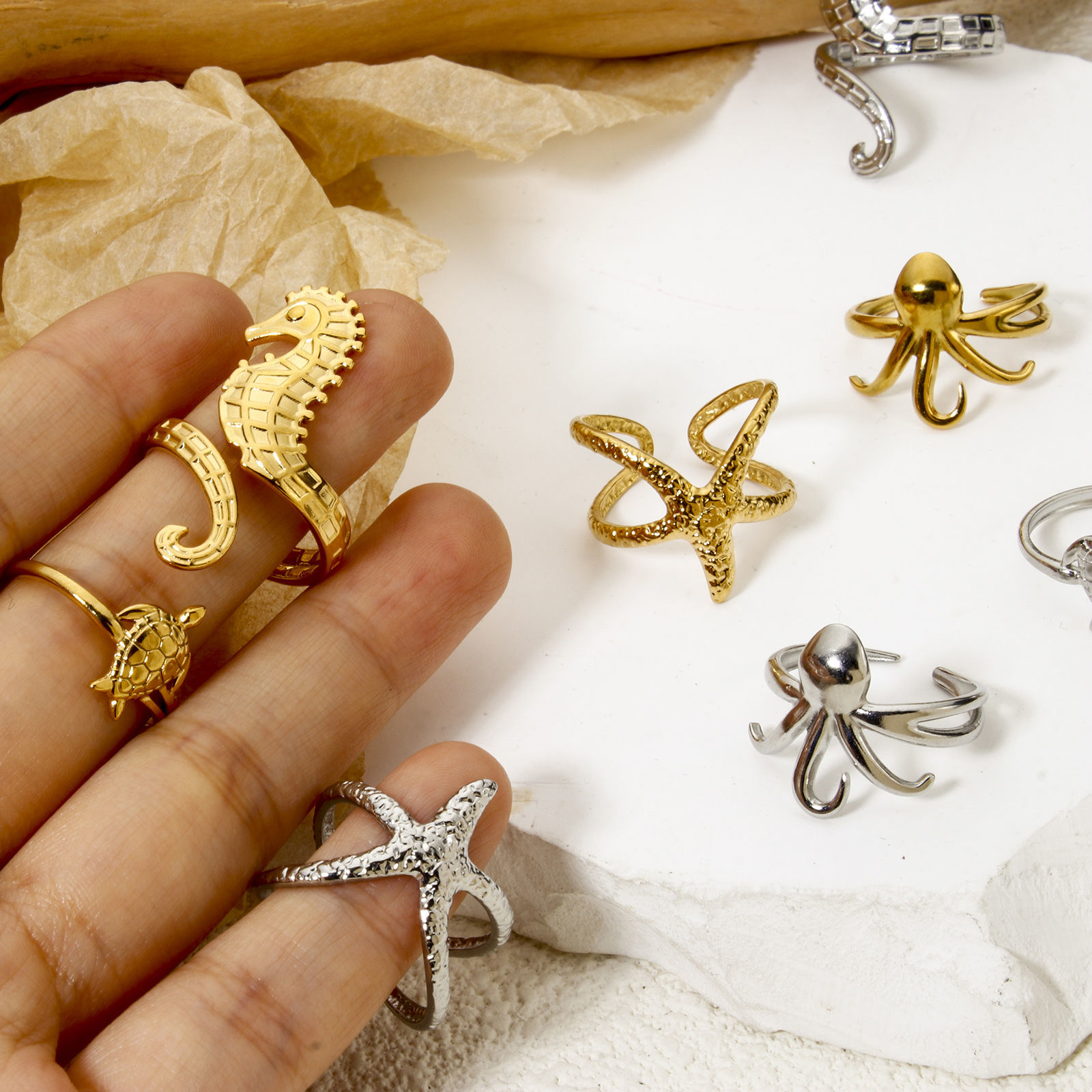 Picture of Eco-friendly Vacuum Plating 304 Stainless Steel Ocean Jewelry Open Adjustable Rings Multicolor Seahorse Animal Tortoise