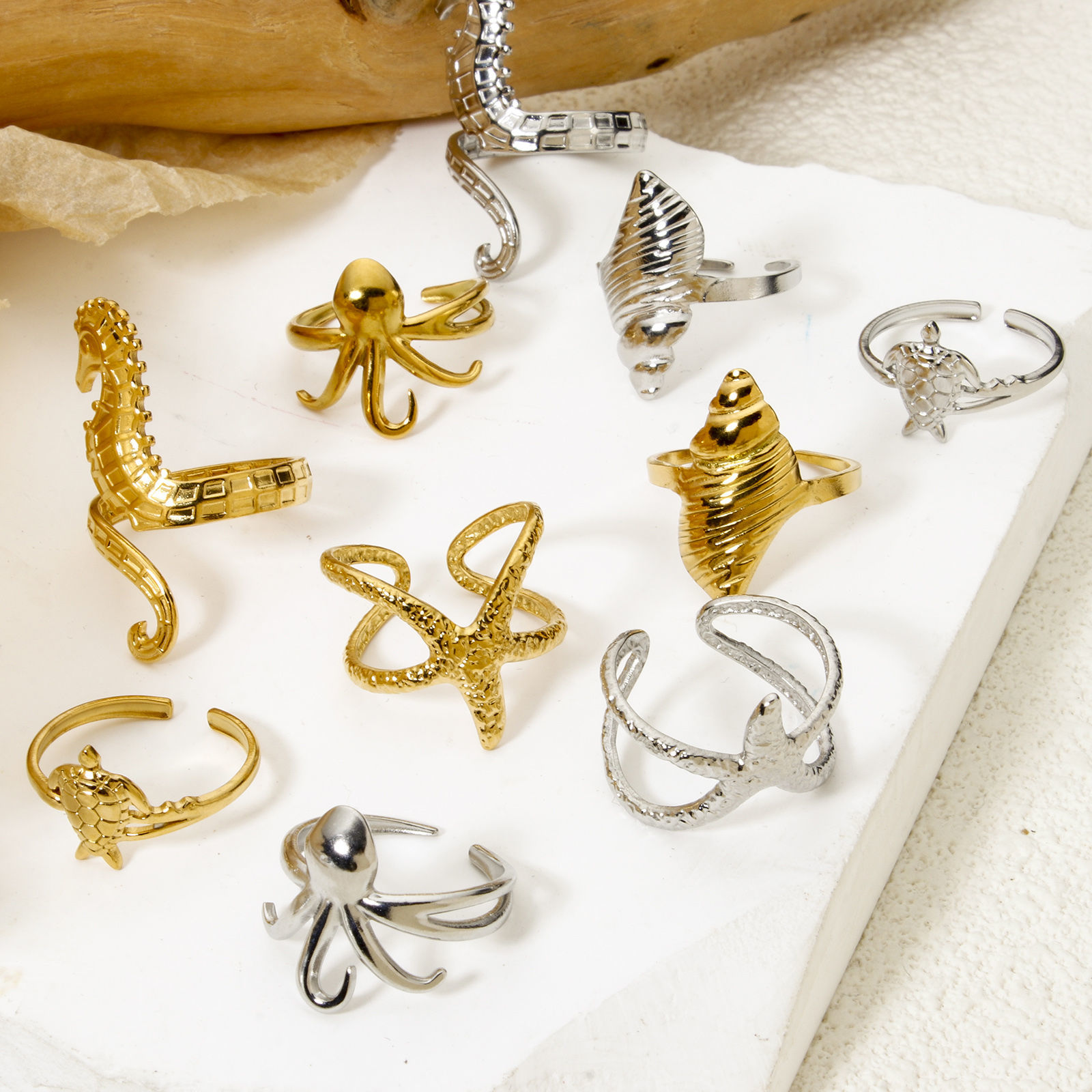 Picture of Eco-friendly Vacuum Plating 304 Stainless Steel Ocean Jewelry Open Adjustable Rings Multicolor Seahorse Animal Tortoise
