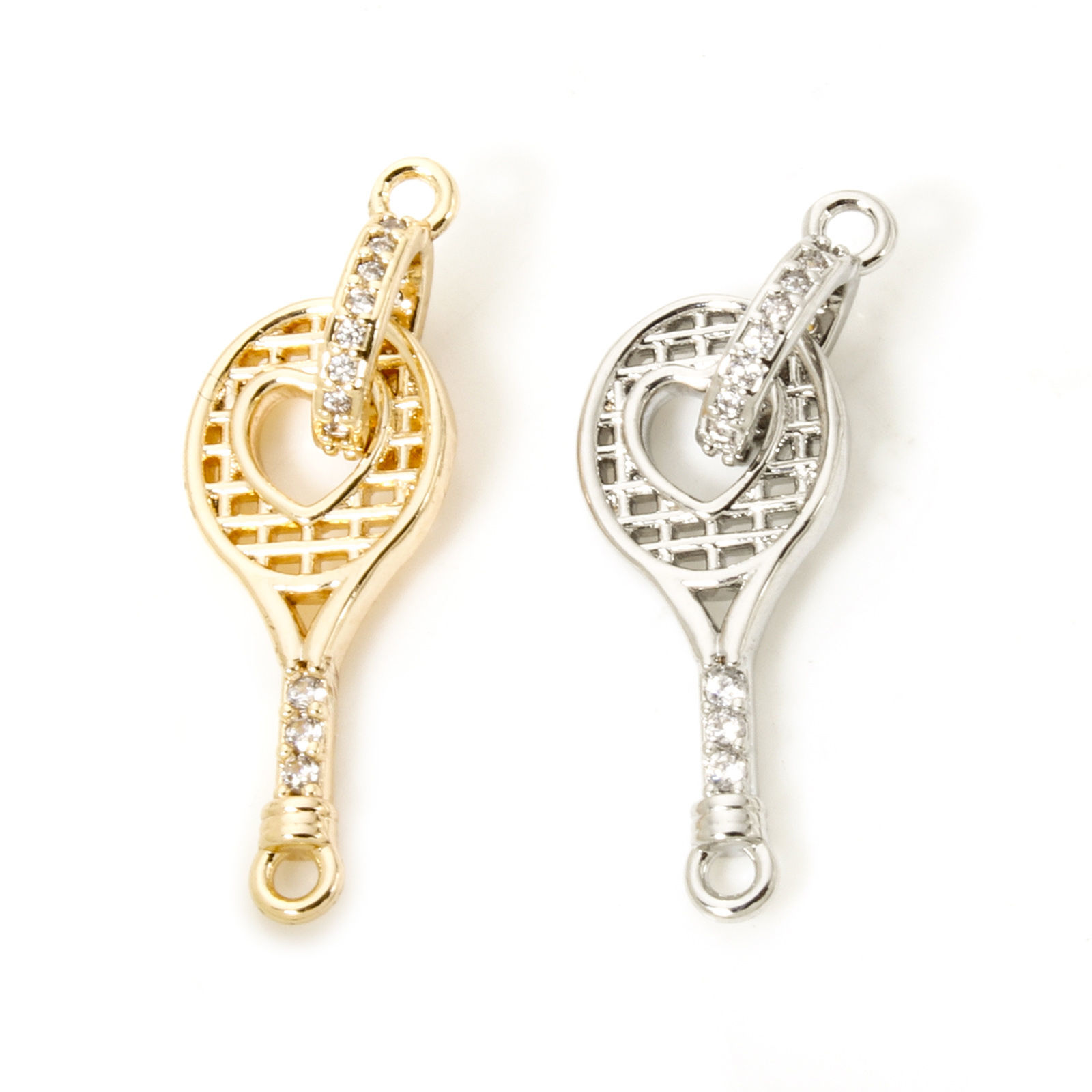 Imagen de 1 Unidad Respetuoso del Medio Ambiente Latón Deporte Conectores Dijes Colgantes Raqueta Oro Real Chapado Micro Pave Claro Circón Artificial 26mm x 8.5mm