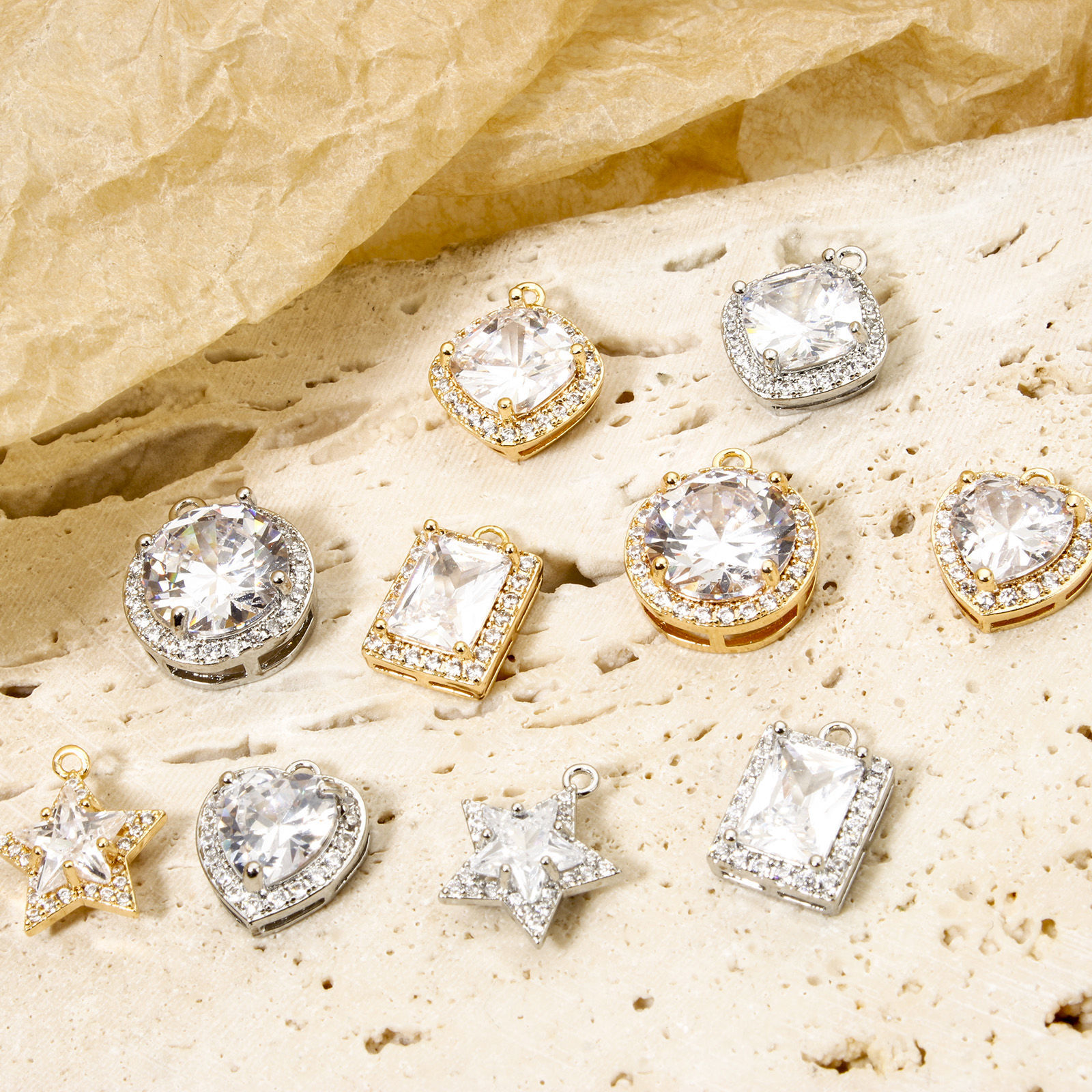 Bild von Umweltfreundlich Messing Geometrisch Charms Echtgold plattiert Micro Pave Klar Zirkonia Transparent Strass