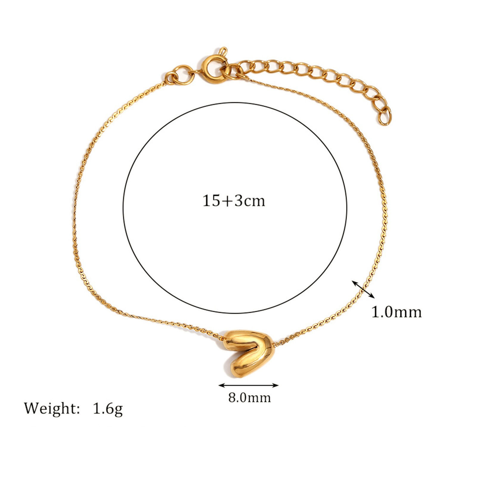 Imagen de 1 Unidad Recubrimiento al Vacío PVD Ecológico Sencillo 18K Oro Real Chapado Acero Inoxidable Letra Mayúscula Pulseras Para Mujeres 15cm longitud