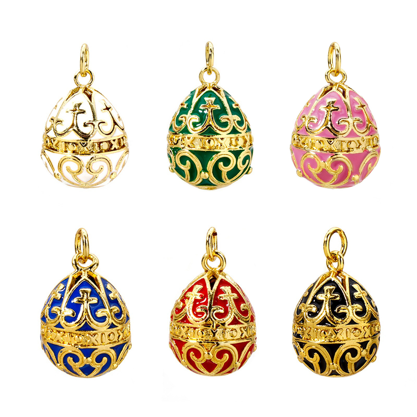 Picture of Brass Easter Day Charms 18K Gold Plated Egg Carved Pattern Enamel 26mm x 15.5mm