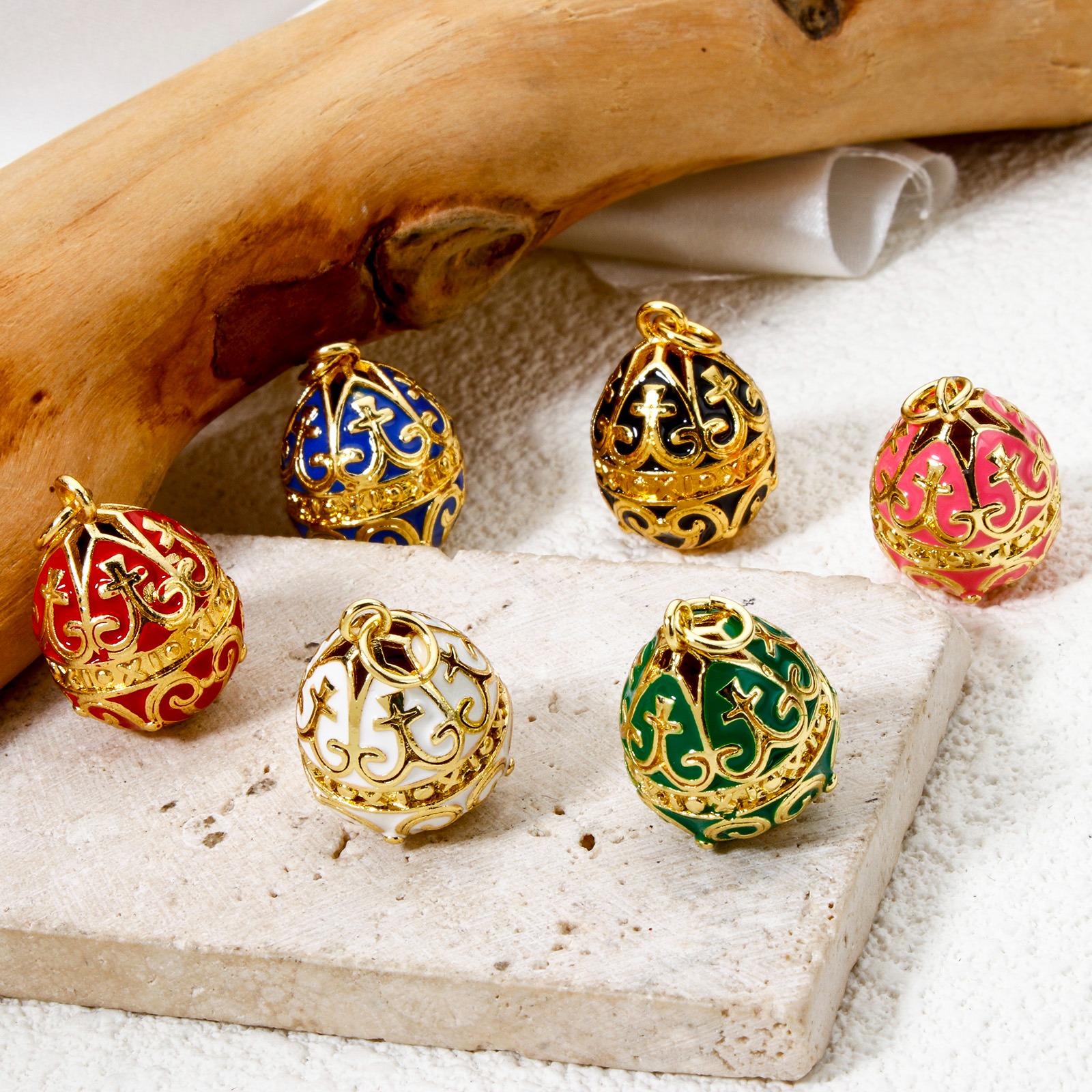 Picture of Brass Easter Day Charms 18K Gold Plated Egg Carved Pattern Enamel 26mm x 15.5mm