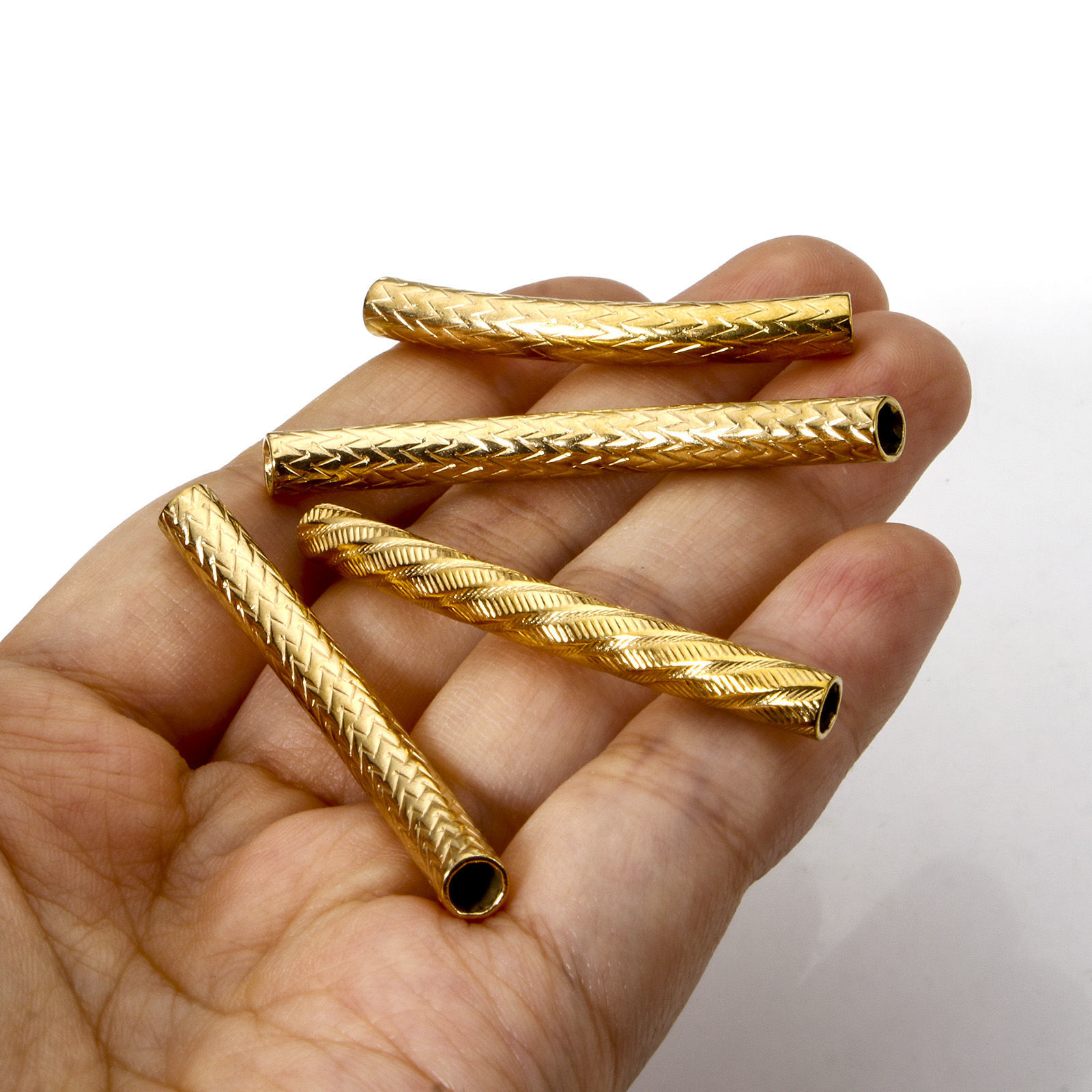 Picture of Eco-friendly 304 Stainless Steel Beads For DIY Jewelry Making 18K Gold Plated Curved Tube Texture