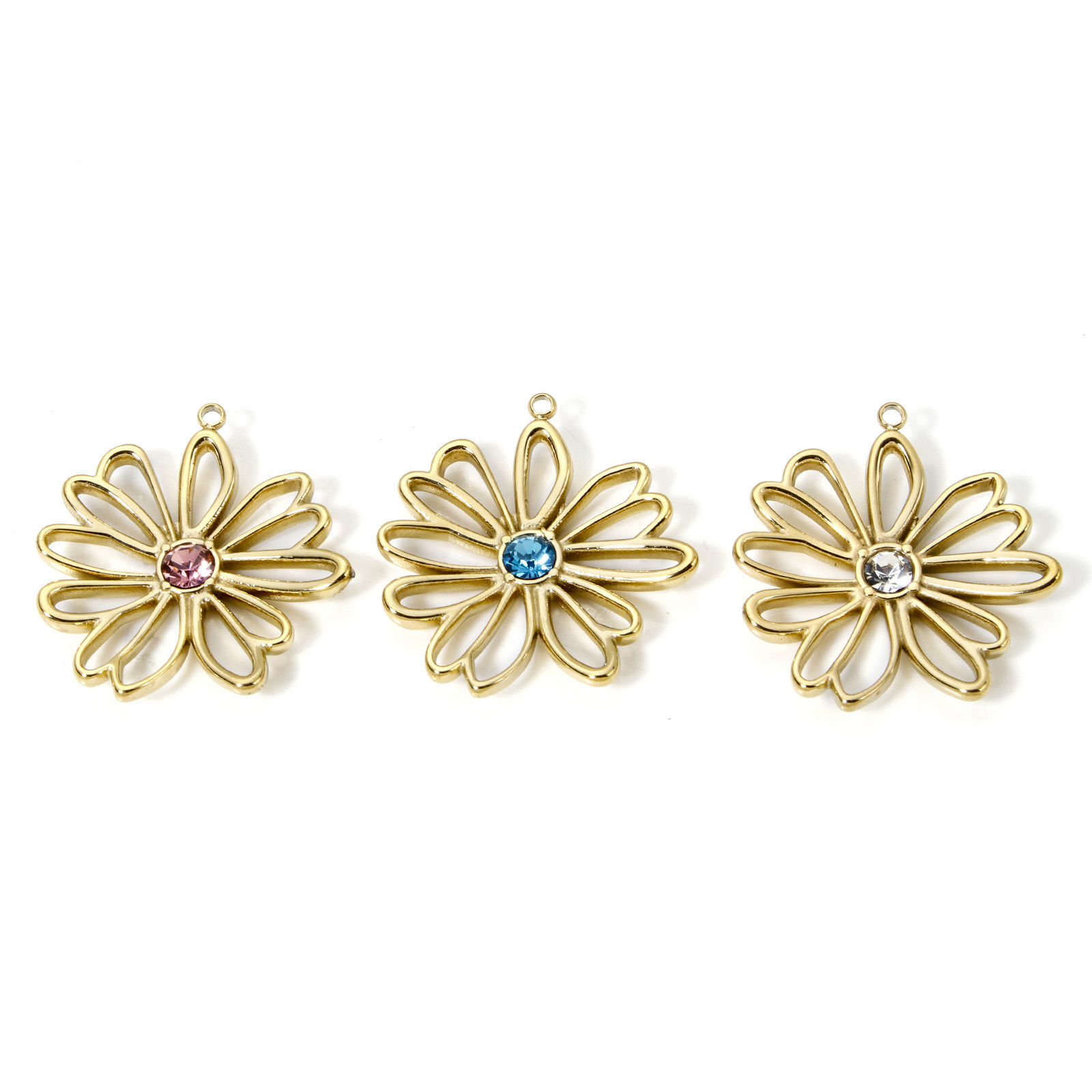 Picture of Eco-friendly PVD Vacuum Plating 304 Stainless Steel Flora Collection Charms 14K Real Gold Plated Flower Multicolor Rhinestone 28mm x 26mm